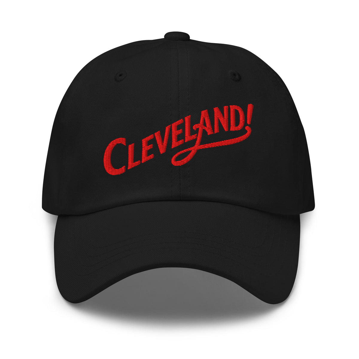 Cleveland! Dad Cap in Black with red embroidered Cleveland! lettering, front view