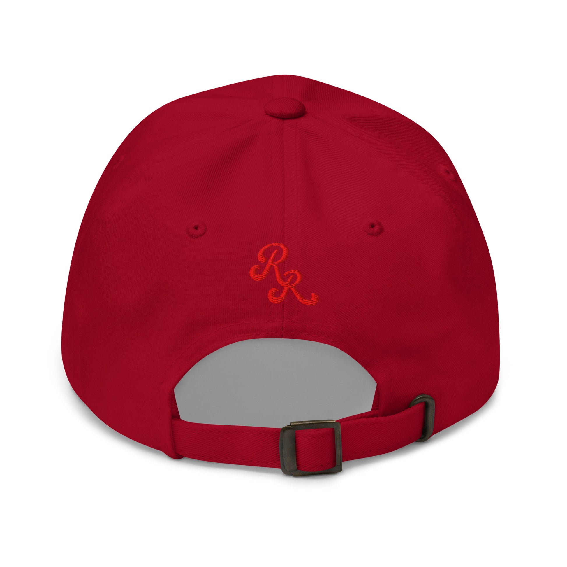 Red cap with a logo on the back against a white background