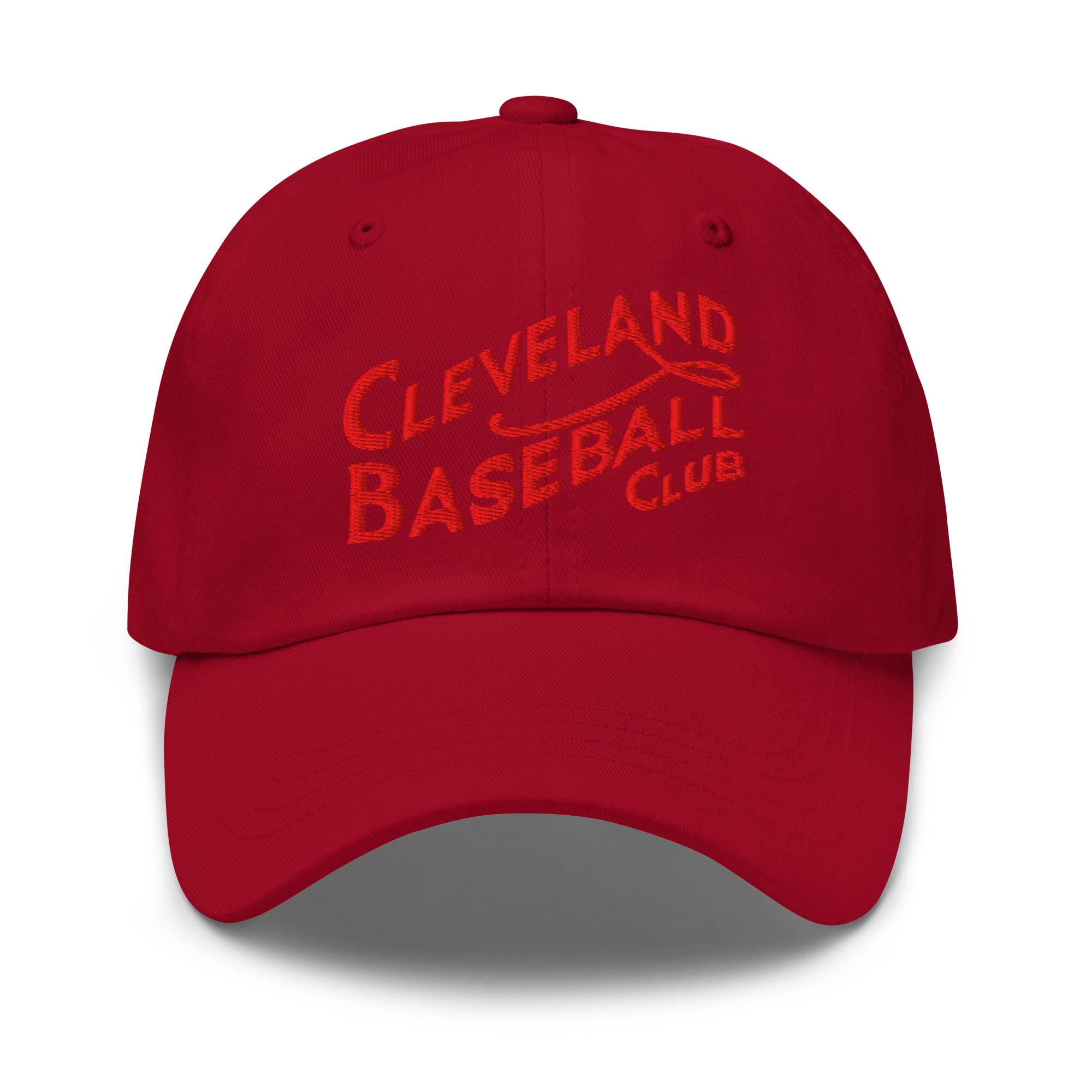 Cranberry cap with 'Cleveland Baseball Club' text on a white background