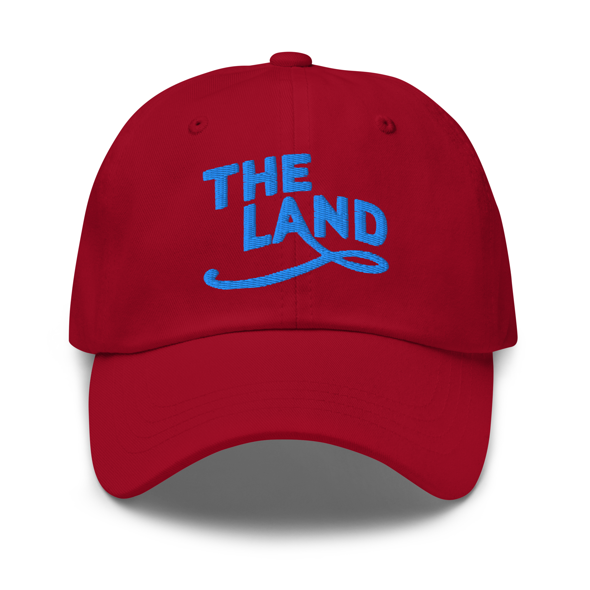 The Land Dad Cap in Cranberry with teal embroidered The Land lettering, front view