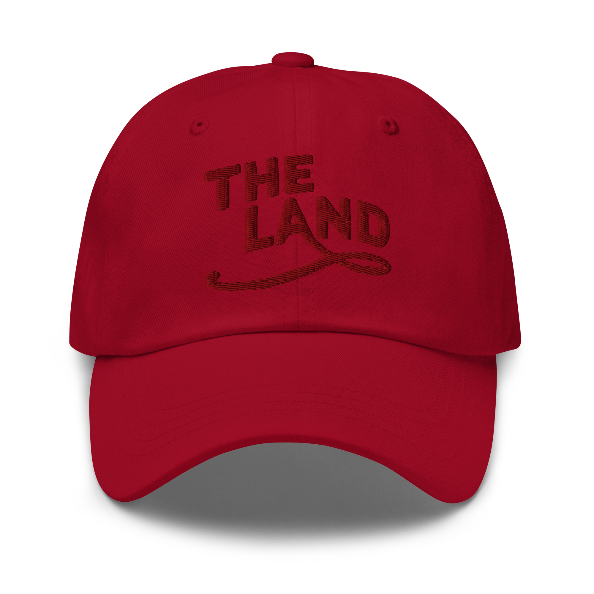 The Land Dad Cap in Cranberry with maroon embroidered The Land lettering, front view