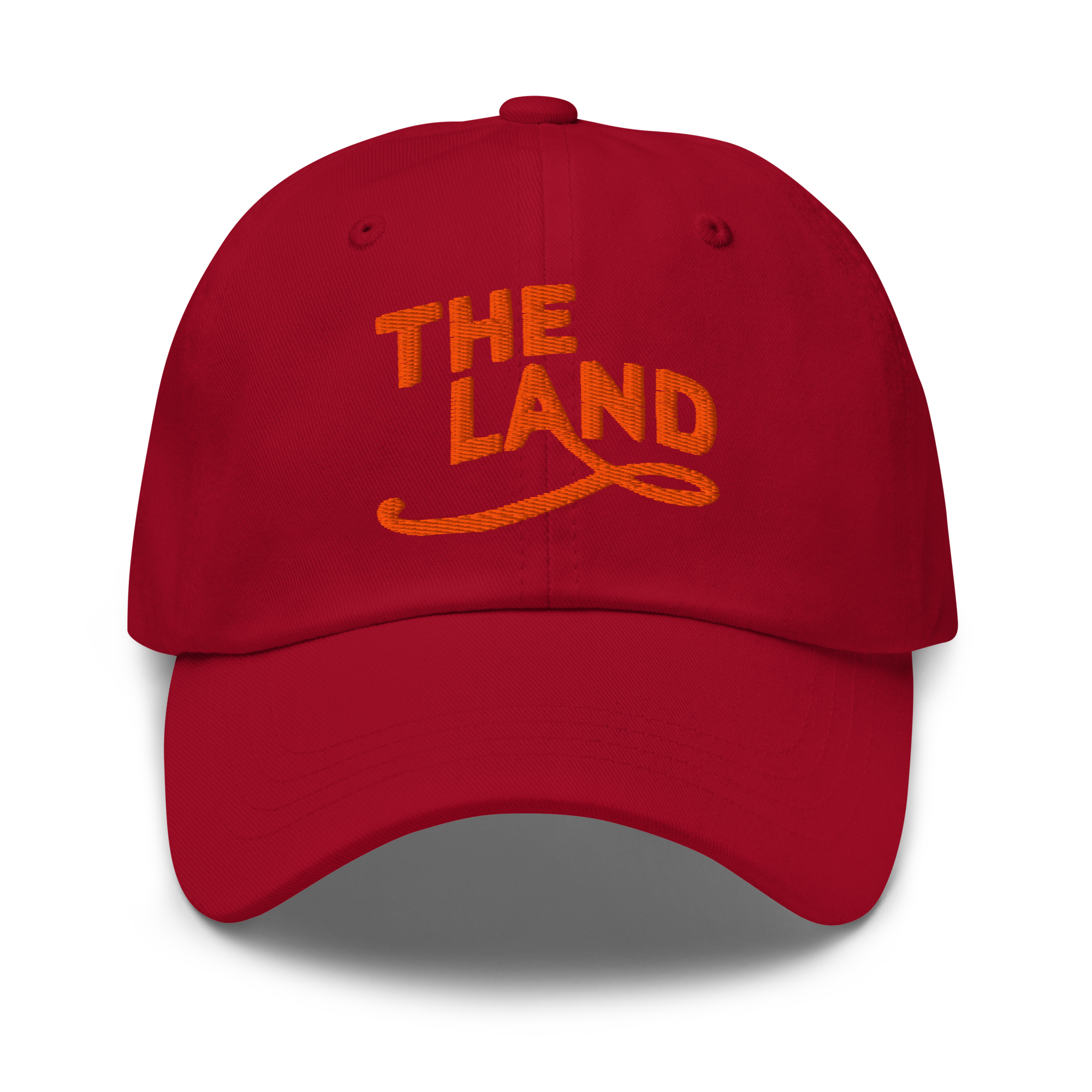 The Land Dad Cap in Cranberry with orange embroidered The Land lettering, front view