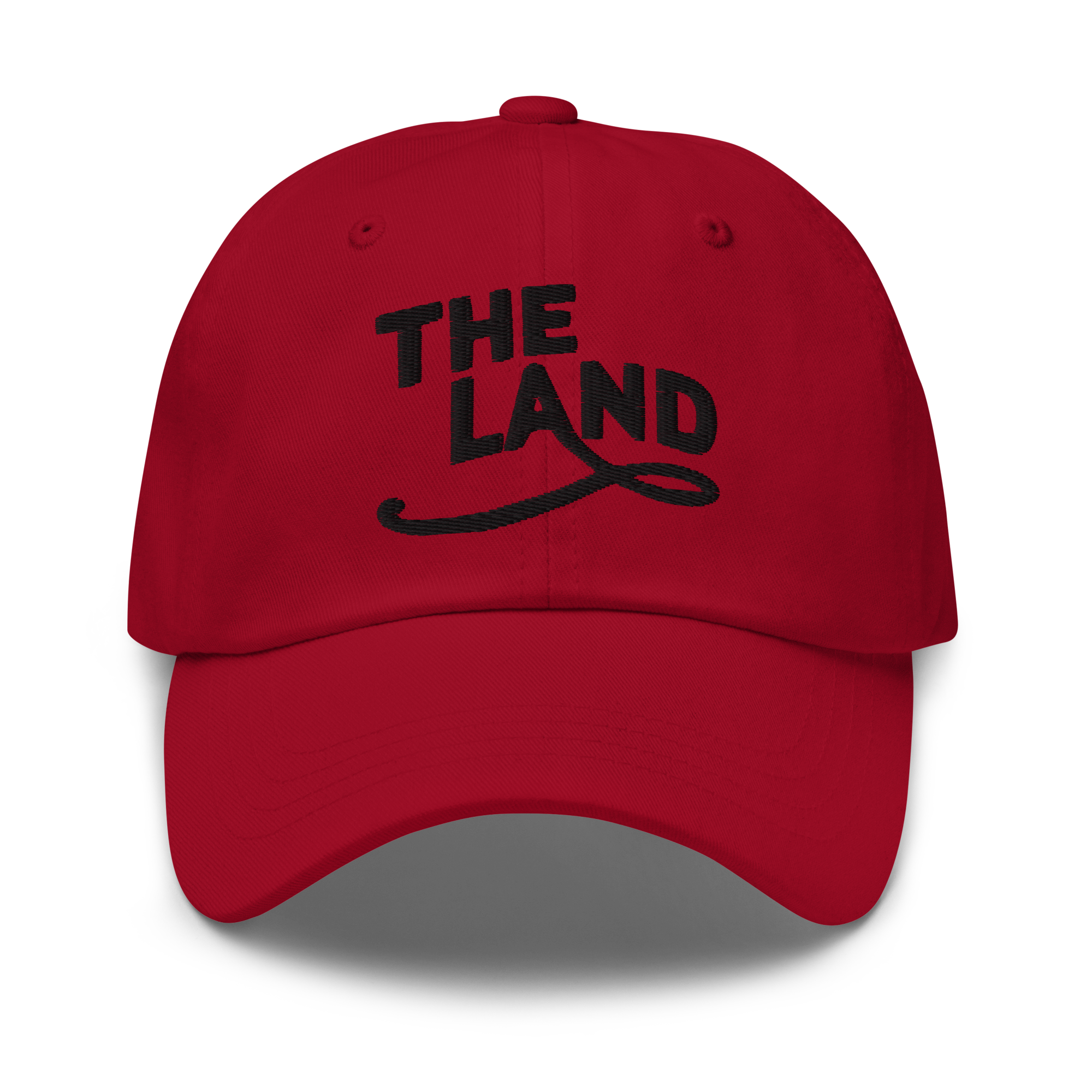The Land Dad Cap in Cranberry with black embroidered The Land lettering, front view