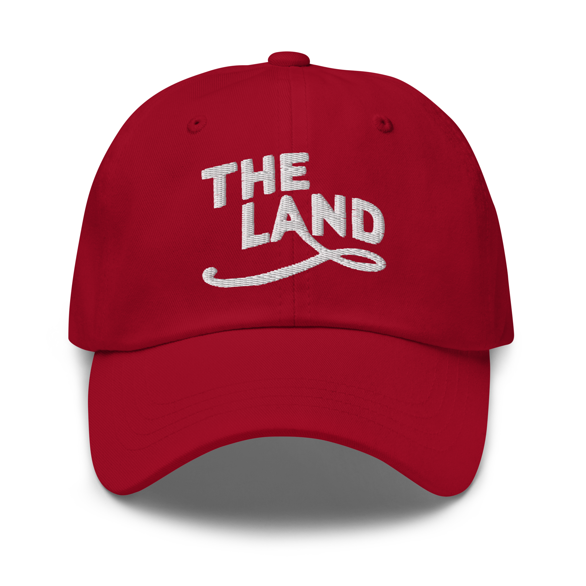 The Land Dad Cap in Cranberry with white embroidered The Land lettering, front view