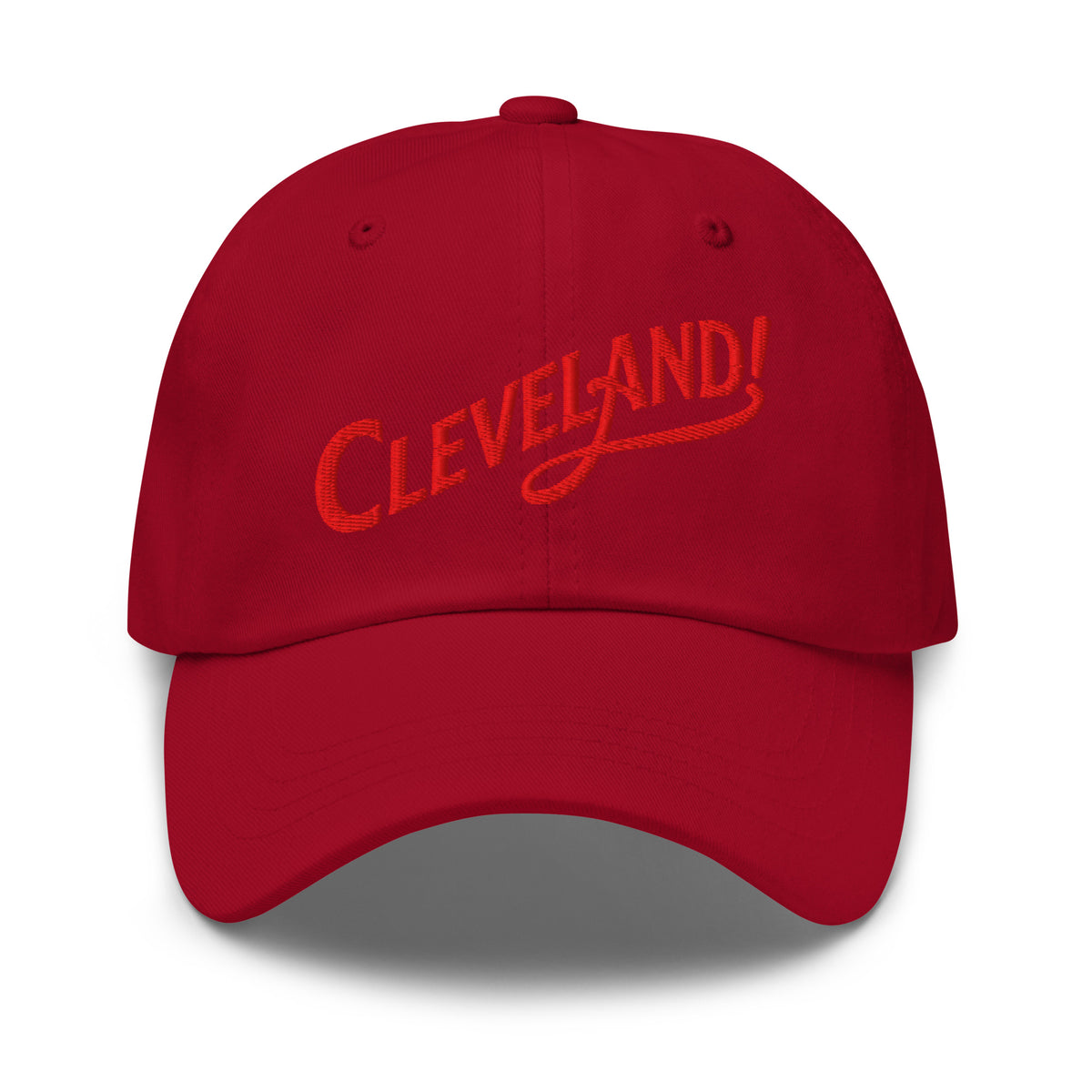 Cleveland! Dad Cap in Cranberry with red embroidered Cleveland! lettering, front view