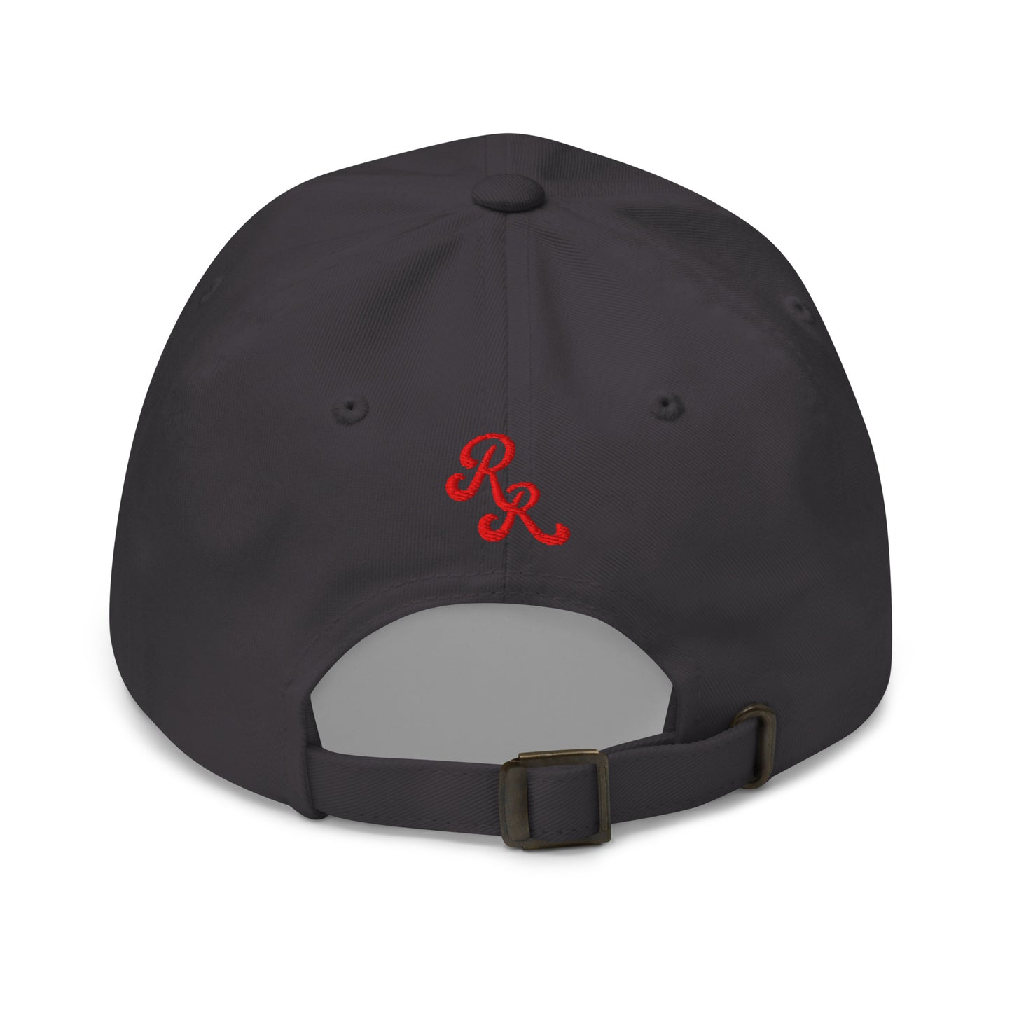 Black cap with red logo on a white background
