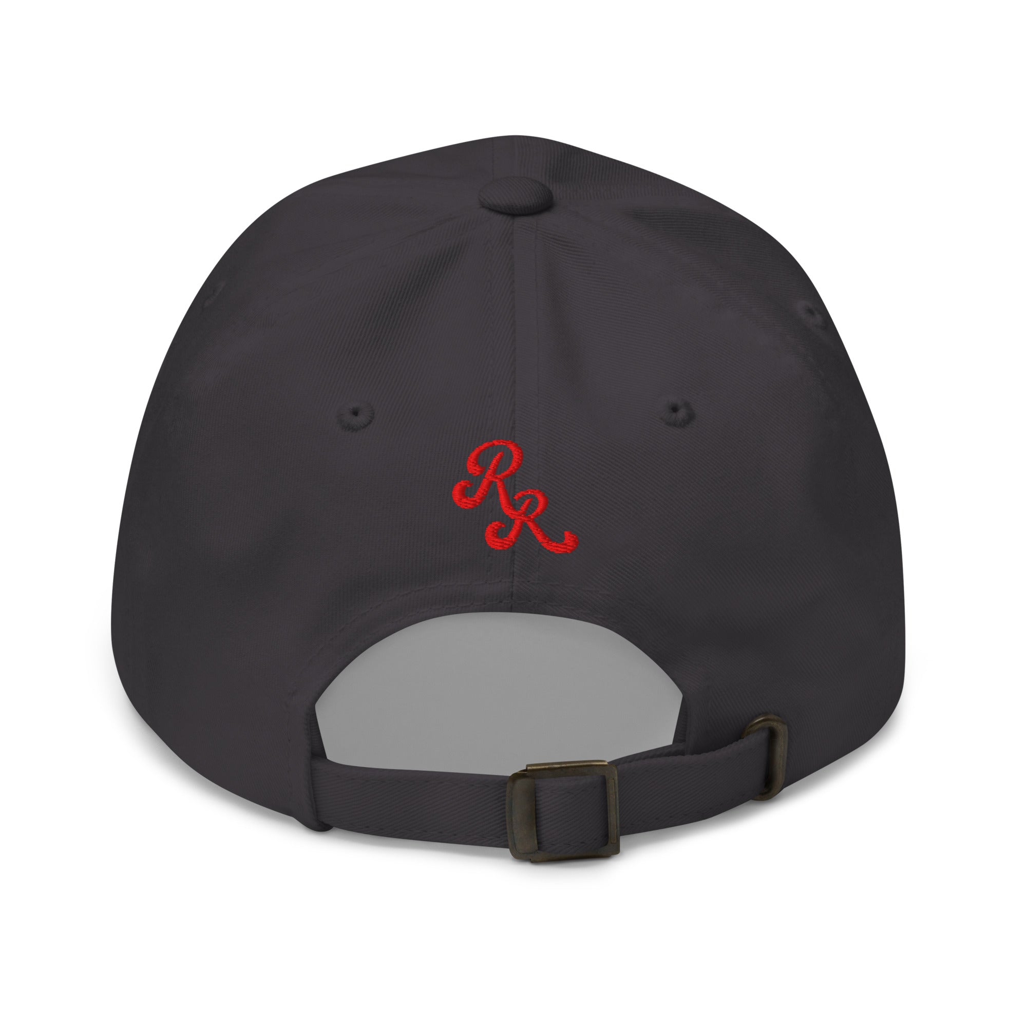 grey cap with red logo on a white background