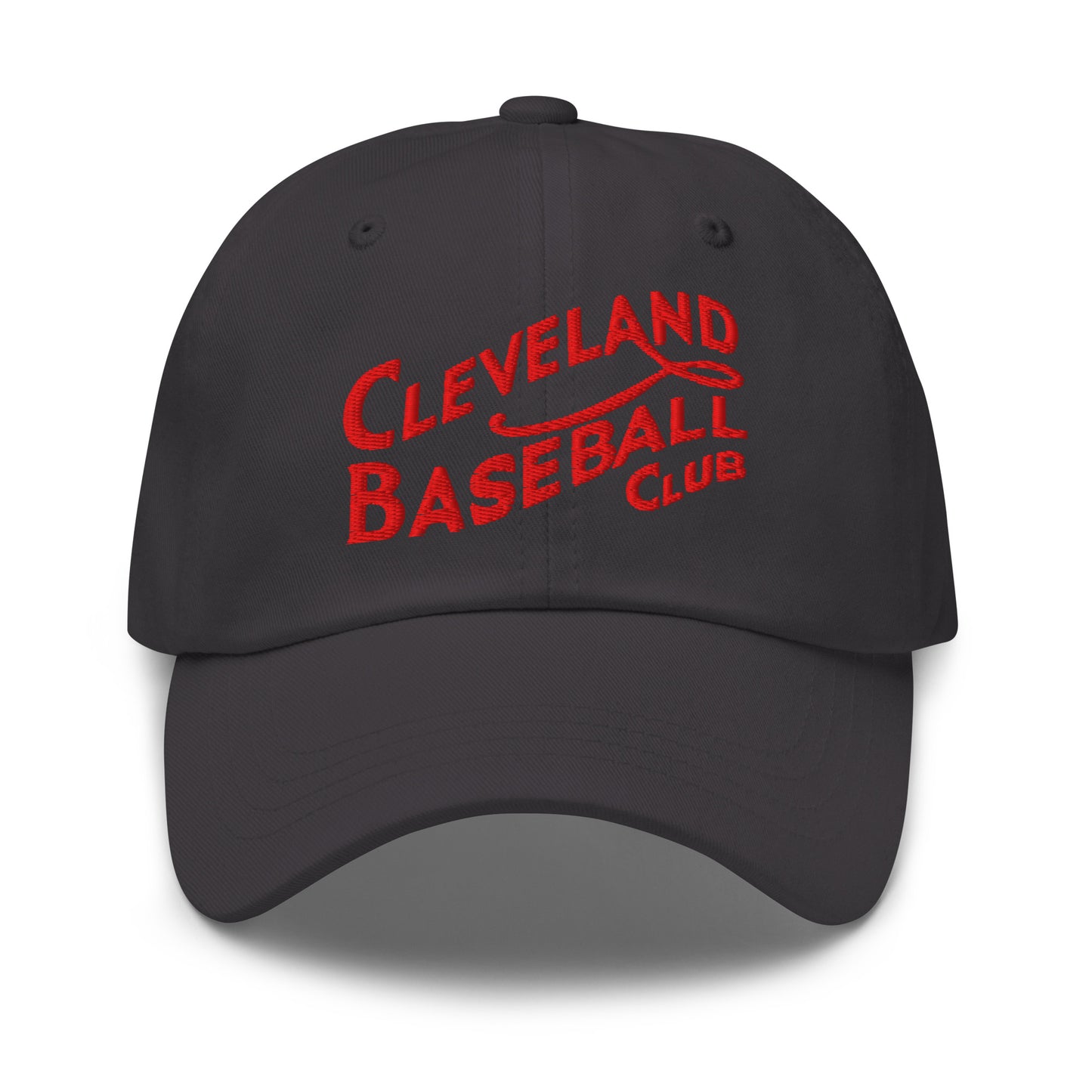 Black cap with red 'Cleveland Baseball Club' text on a white background