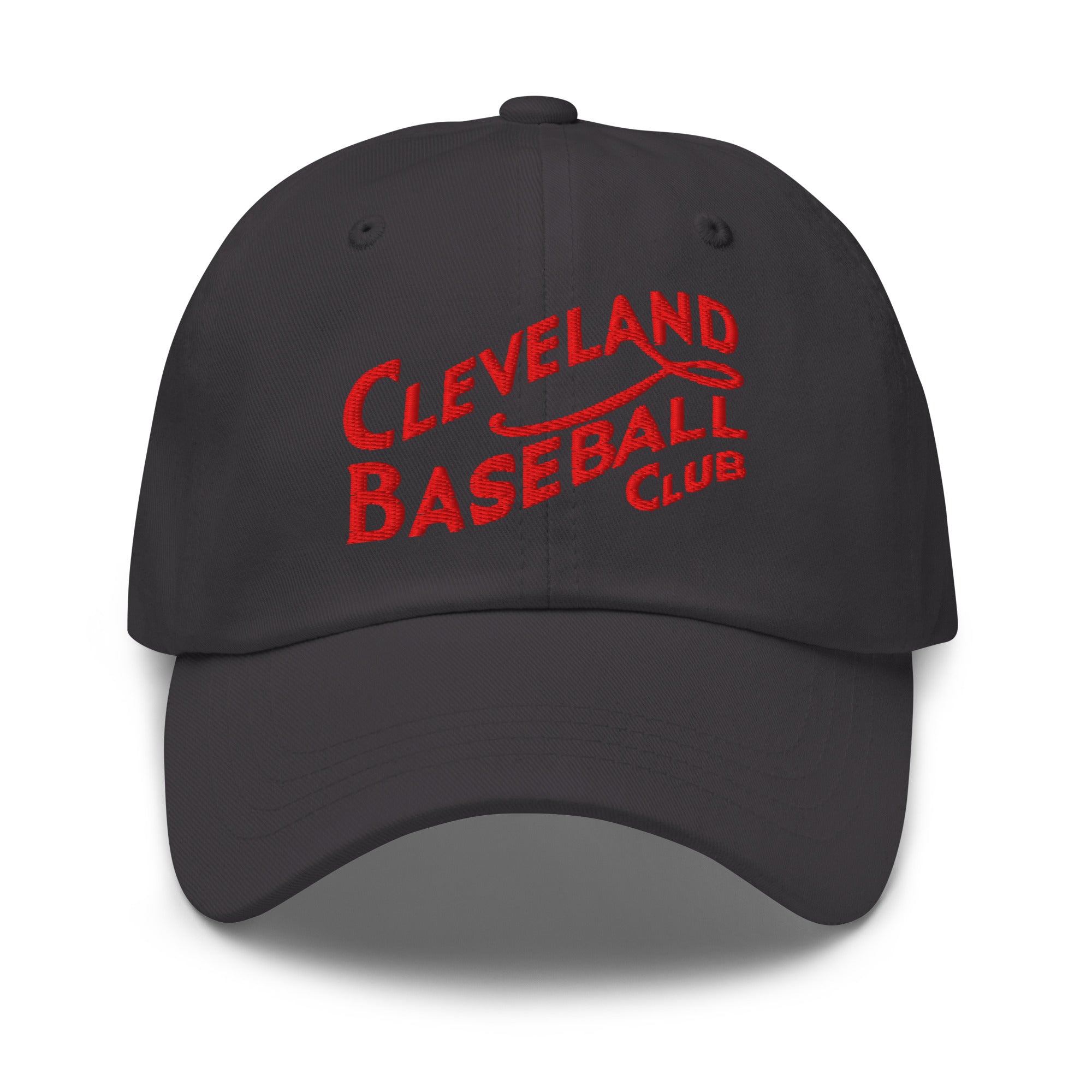 Grey cap with red 'Cleveland Baseball Club' text on a white background