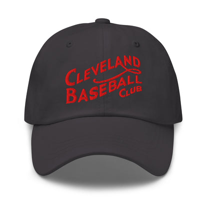 Black cap with red 'Cleveland Baseball Club' text on a white background