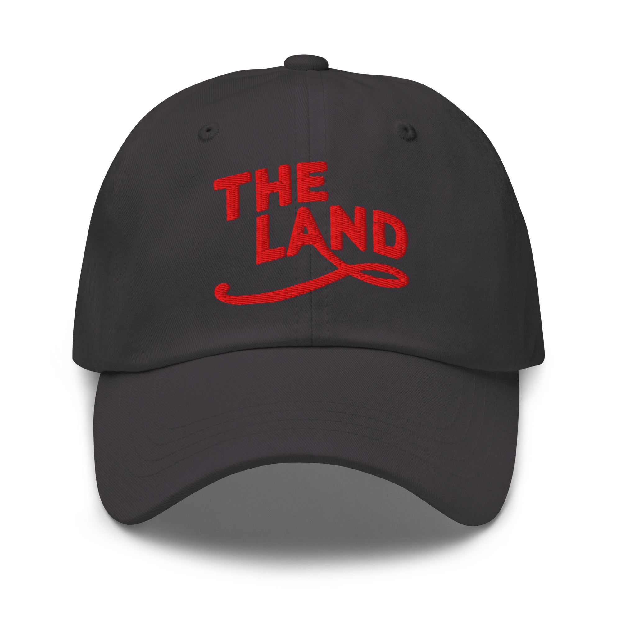 The Land Dad Cap in Dark Grey with red embroidered The Land lettering, front view