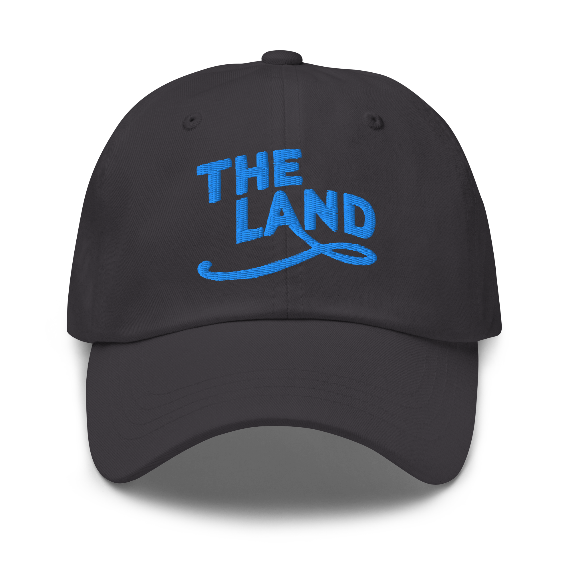 The Land Dad Cap in Dark Grey with teal embroidered The Land lettering, front view