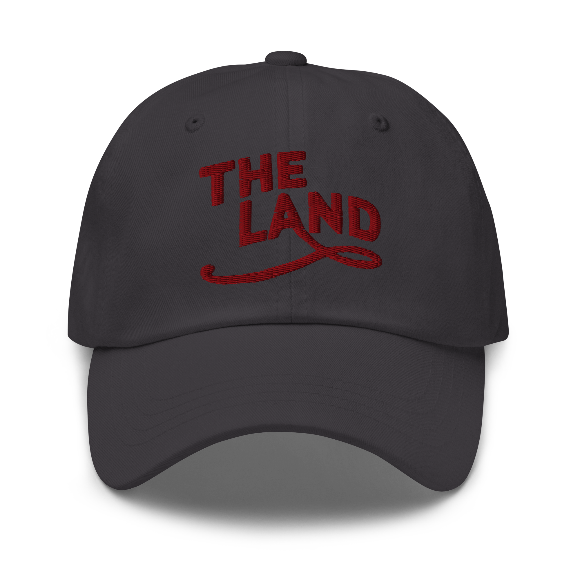 The Land Dad Cap in Dark Grey with maroon embroidered The Land lettering, front view