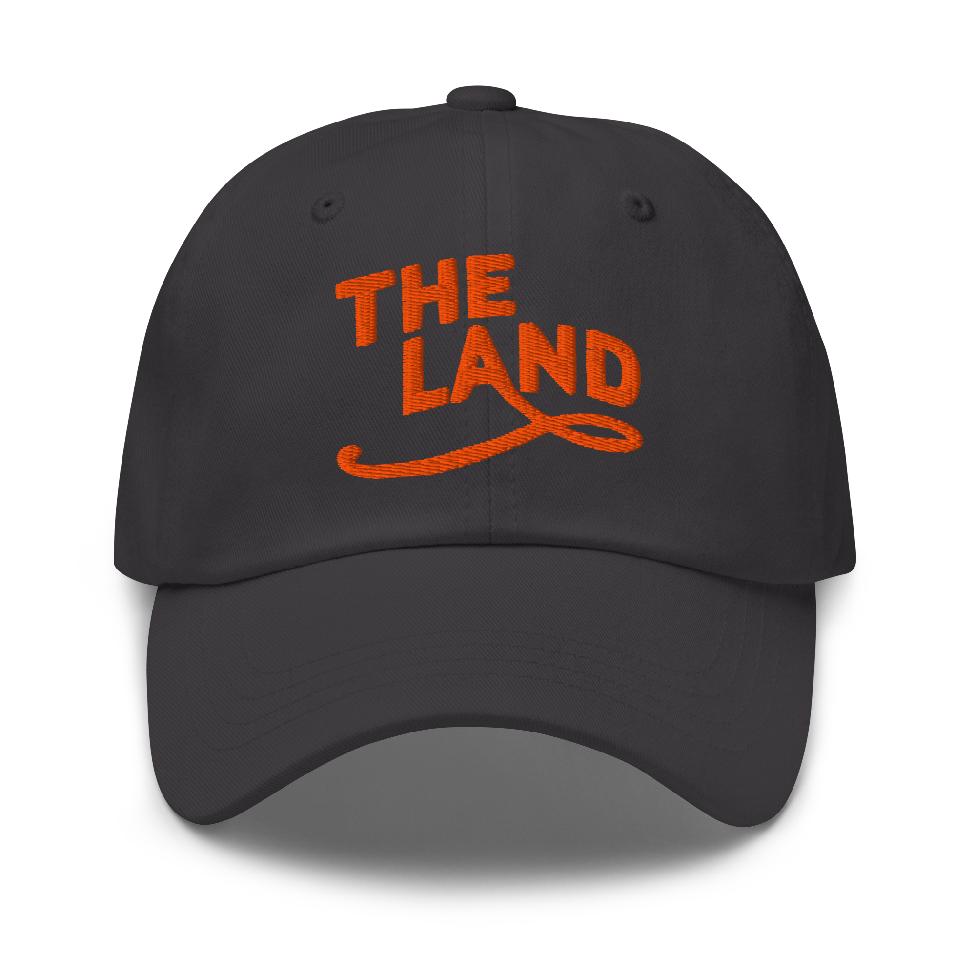 The Land Dad Cap in Dark Grey with orange embroidered The Land lettering, front view