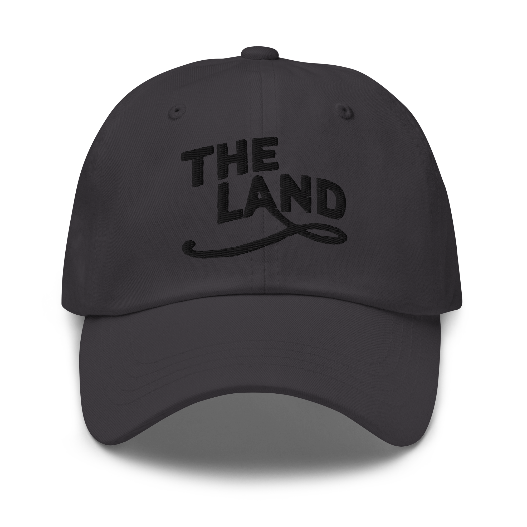 The Land Dad Cap in Dark Grey with black embroidered The Land lettering, front view