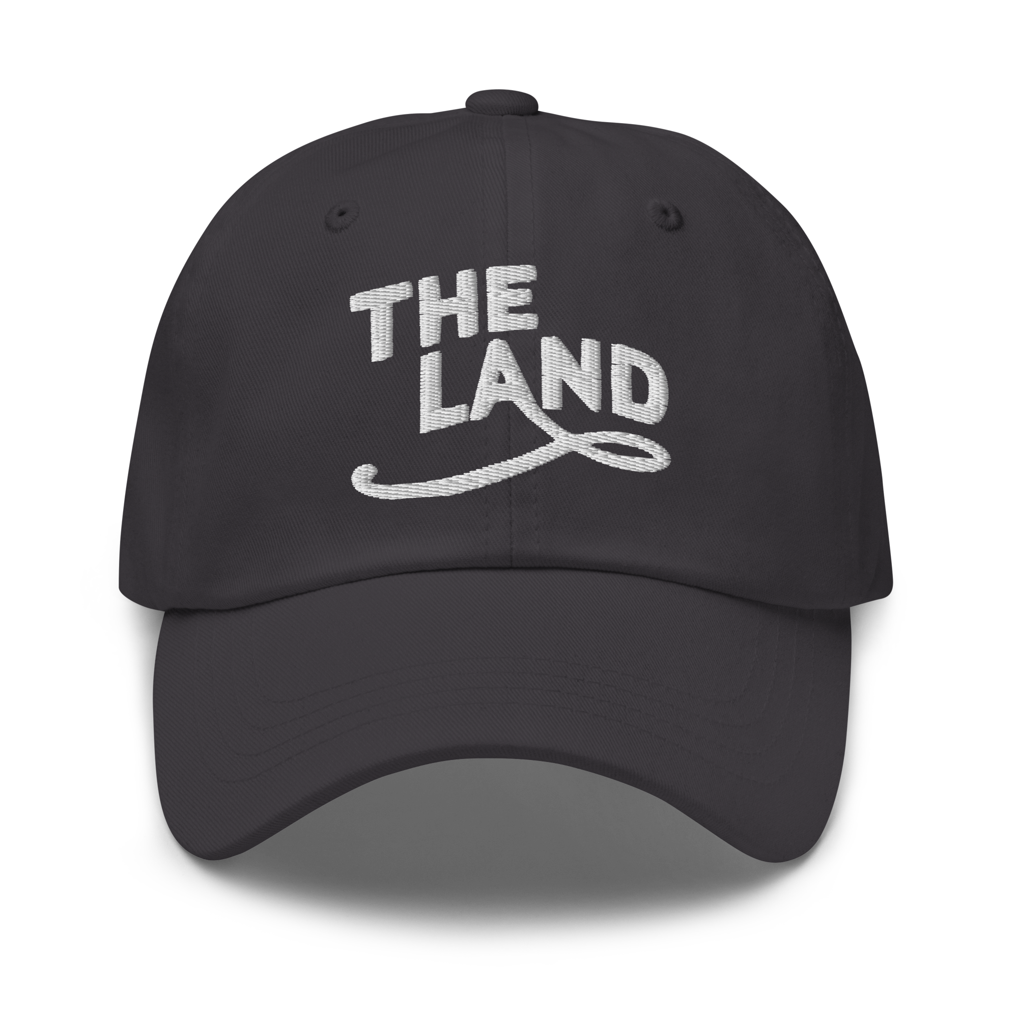 The Land Dad Cap in Dark Grey with white embroidered The Land lettering, front view