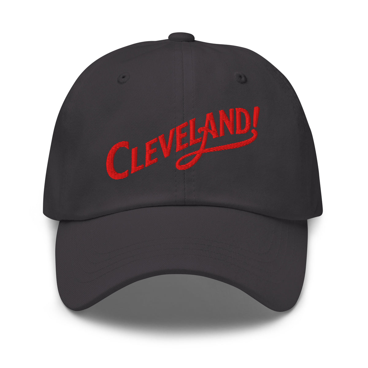 Cleveland! Dad Cap in Dark Grey with red embroidered Cleveland! lettering, front view
