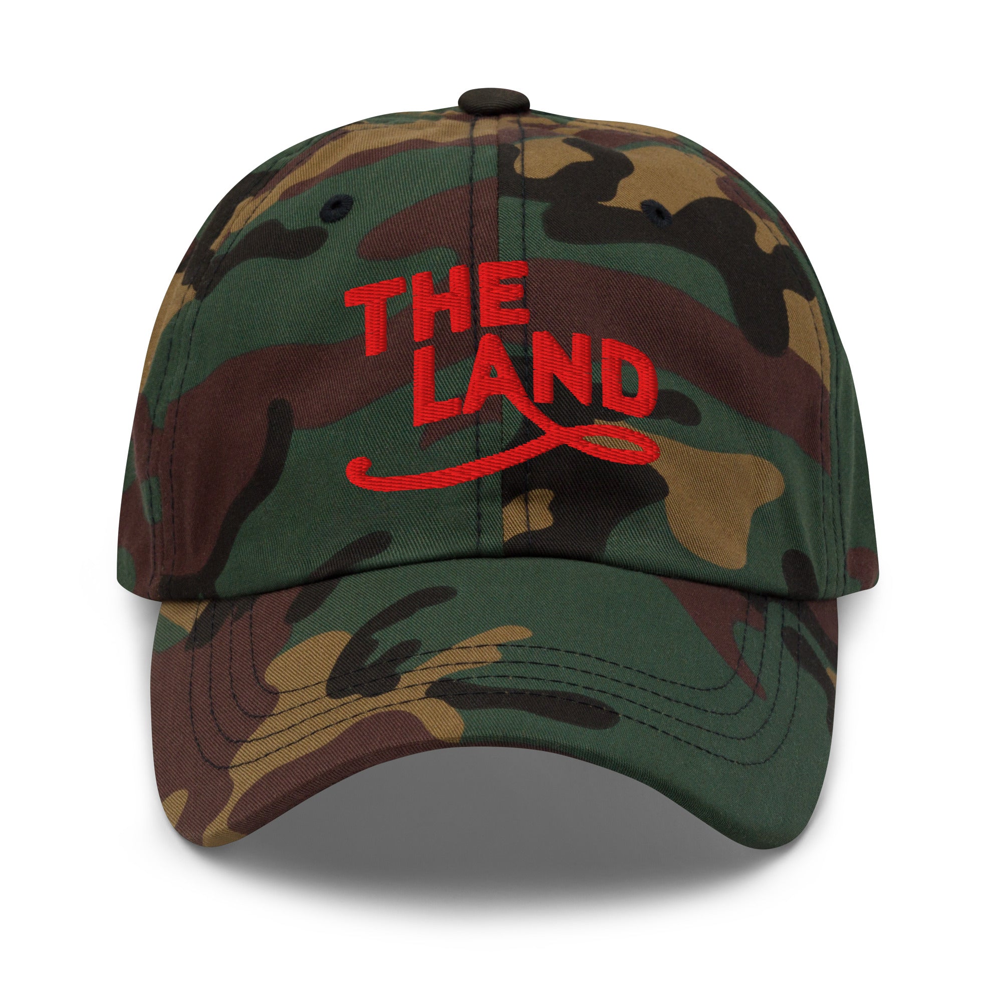 The Land Dad Cap in Green Camo with red embroidered The Land lettering, front view