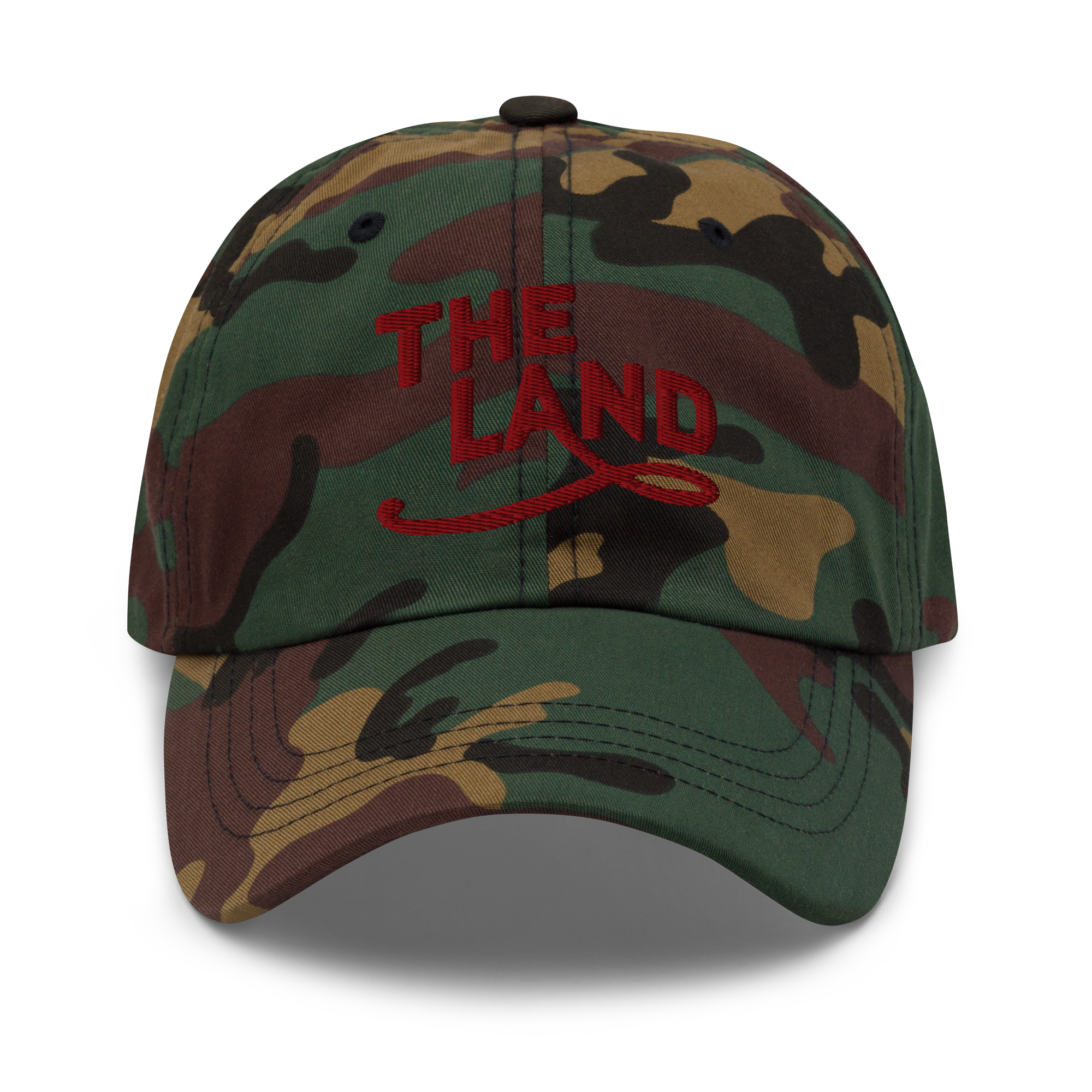 The Land Dad Cap in Green Camo with maroon embroidered The Land lettering, front view