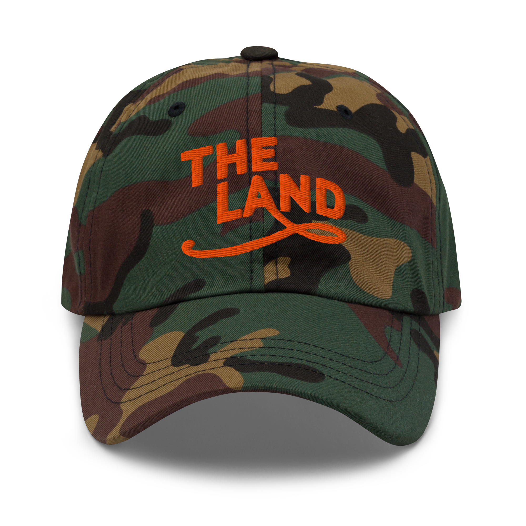 The Land Dad Cap in Green Camo with orange embroidered The Land lettering, front view