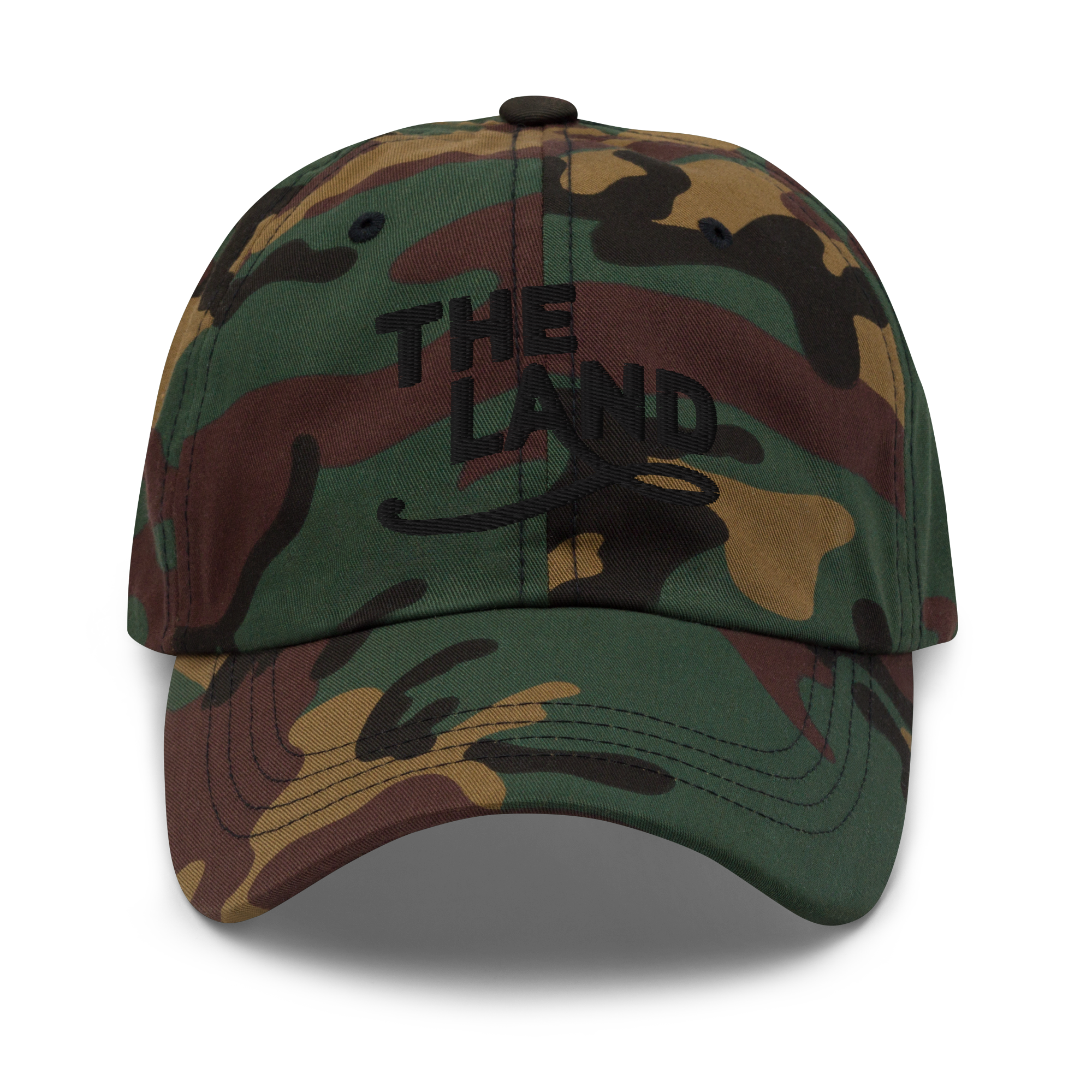 The Land Dad Cap in Green Camo with black embroidered The Land lettering, front view