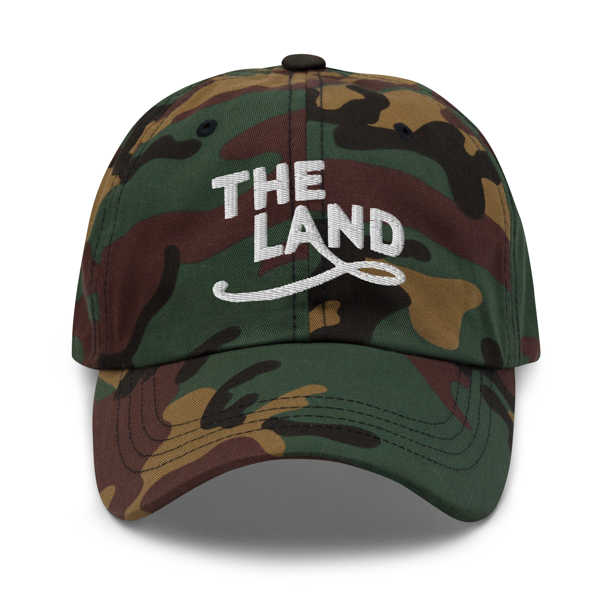 The Land Dad Cap in Green Camo with white embroidered The Land lettering, front view