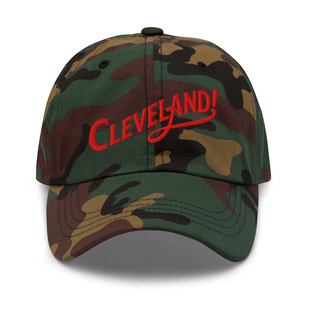 Cleveland! Dad Cap in Green Camo with red embroidered Cleveland! lettering, front view