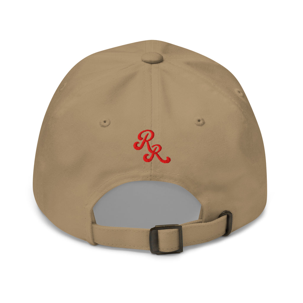 Khaki cap with red logo on a white background