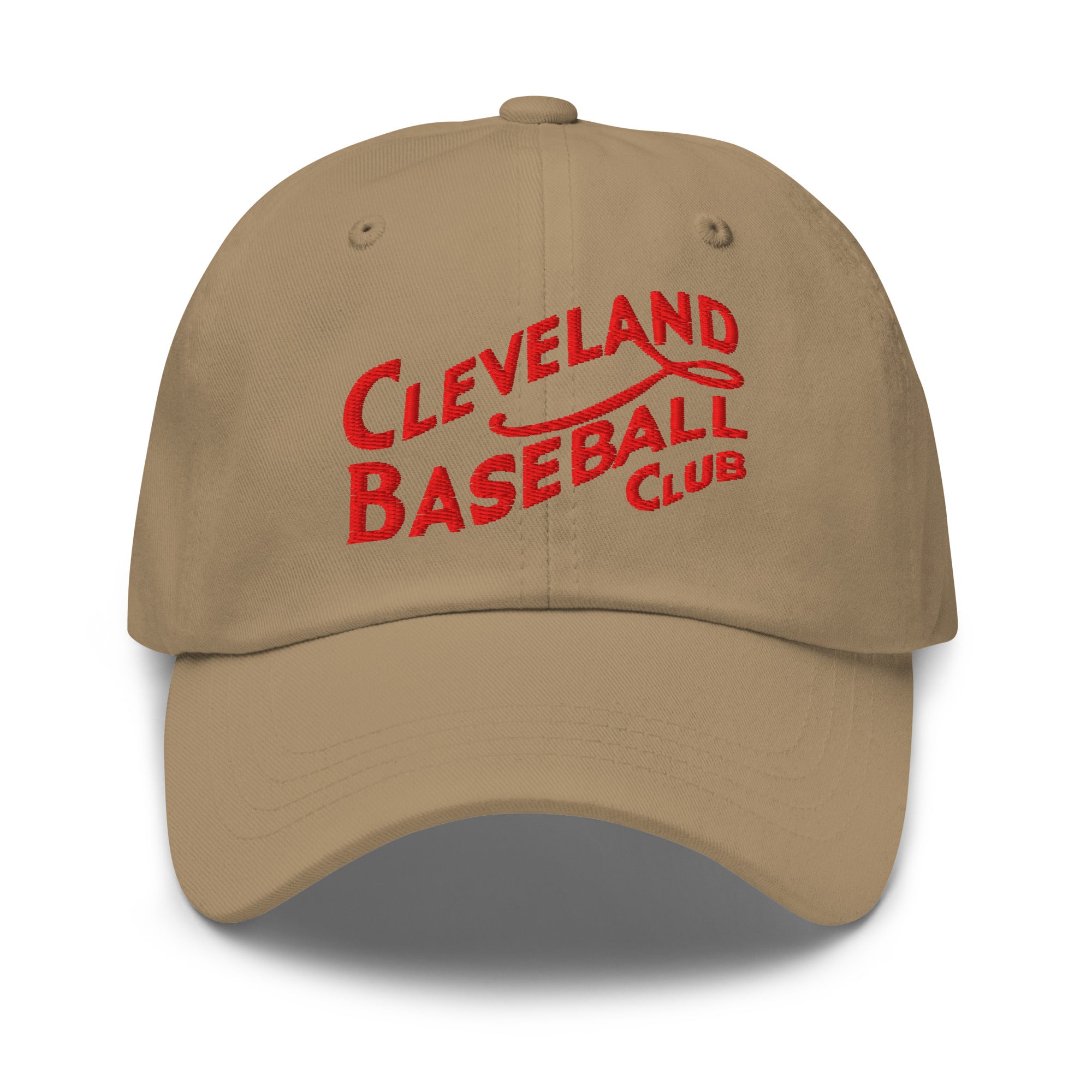 Khaki cap with red 'Cleveland Baseball Club' text on a white background