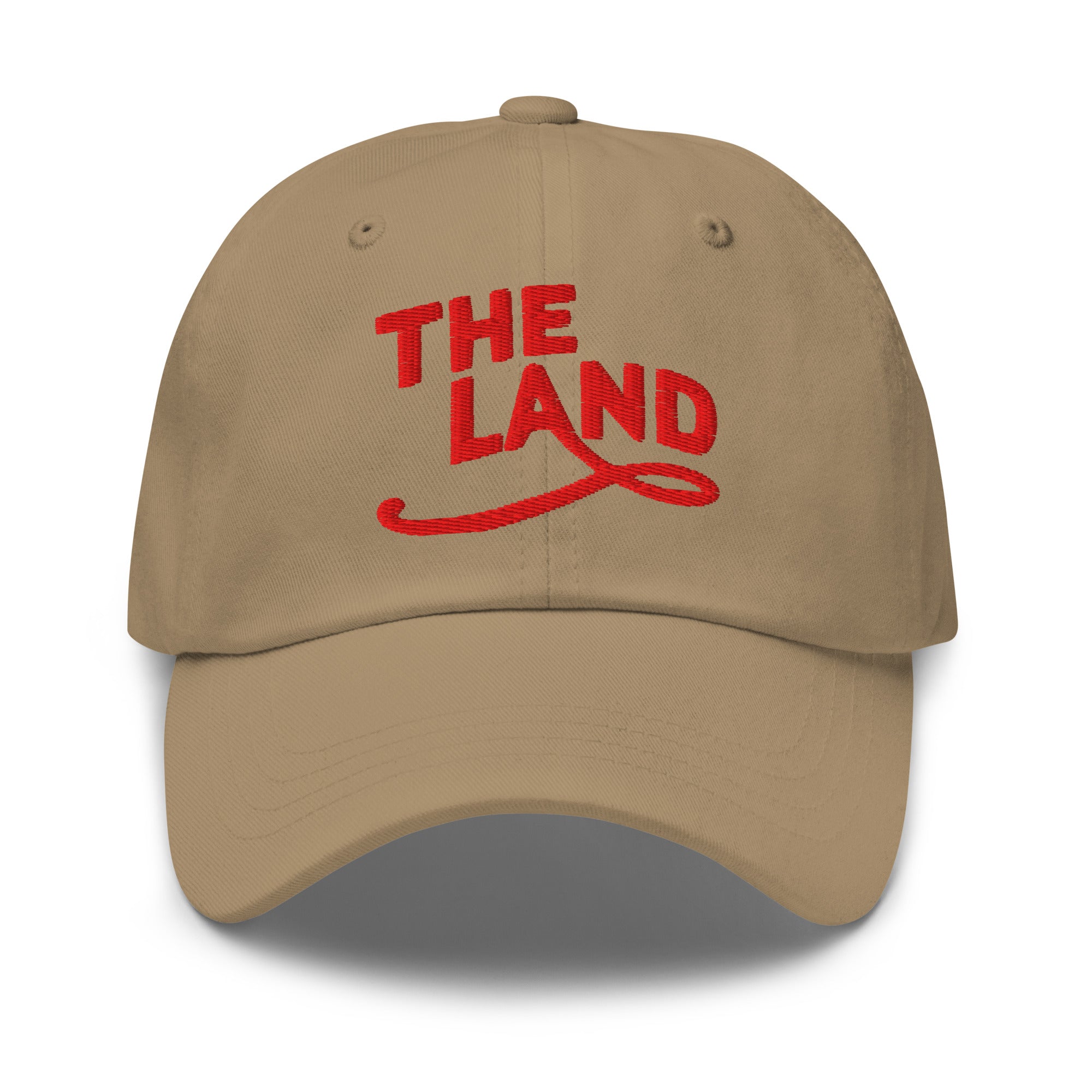 The Land Dad Cap in Khaki with red embroidered The Land lettering, front view