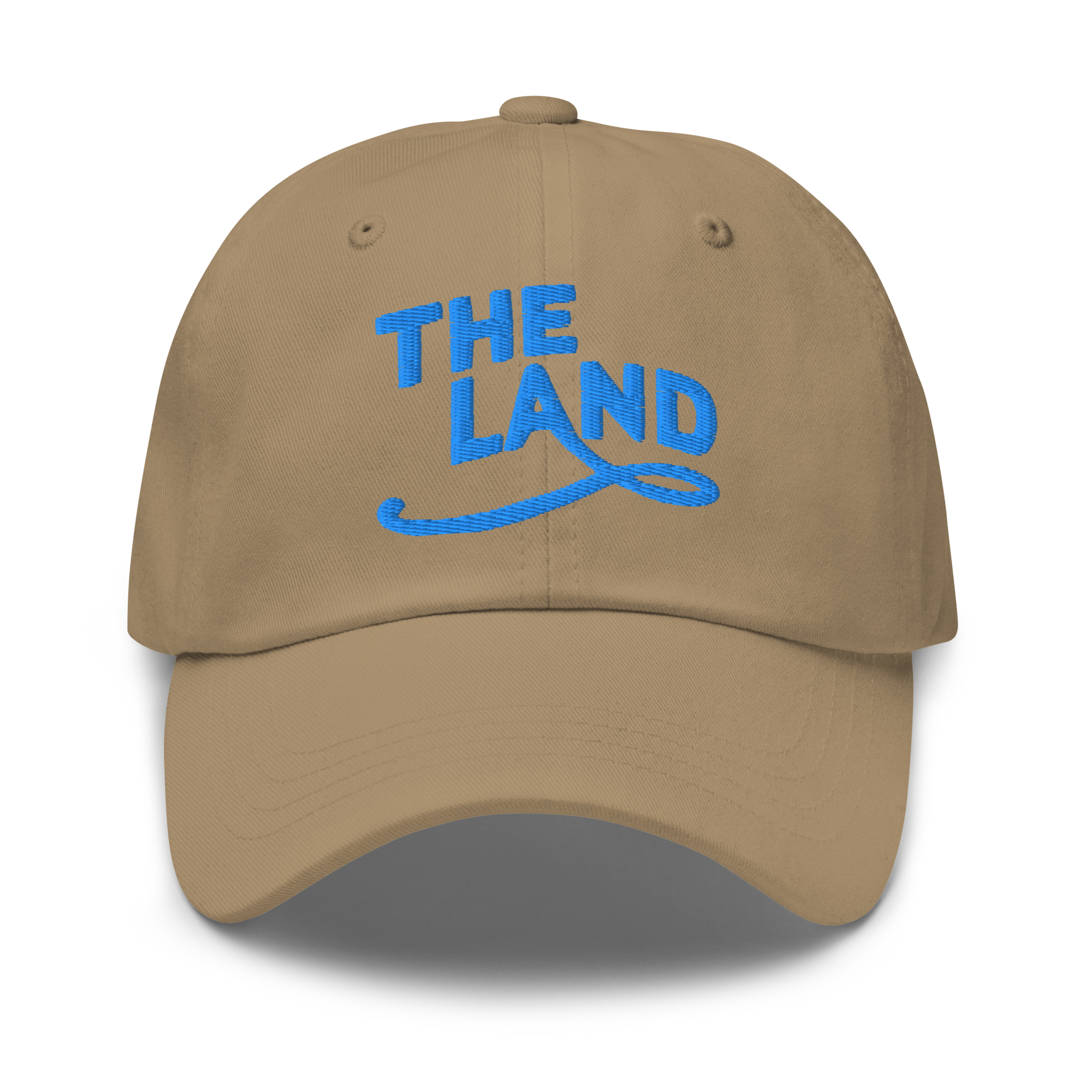 The Land Dad Cap in Khaki with teal embroidered The Land lettering, front view