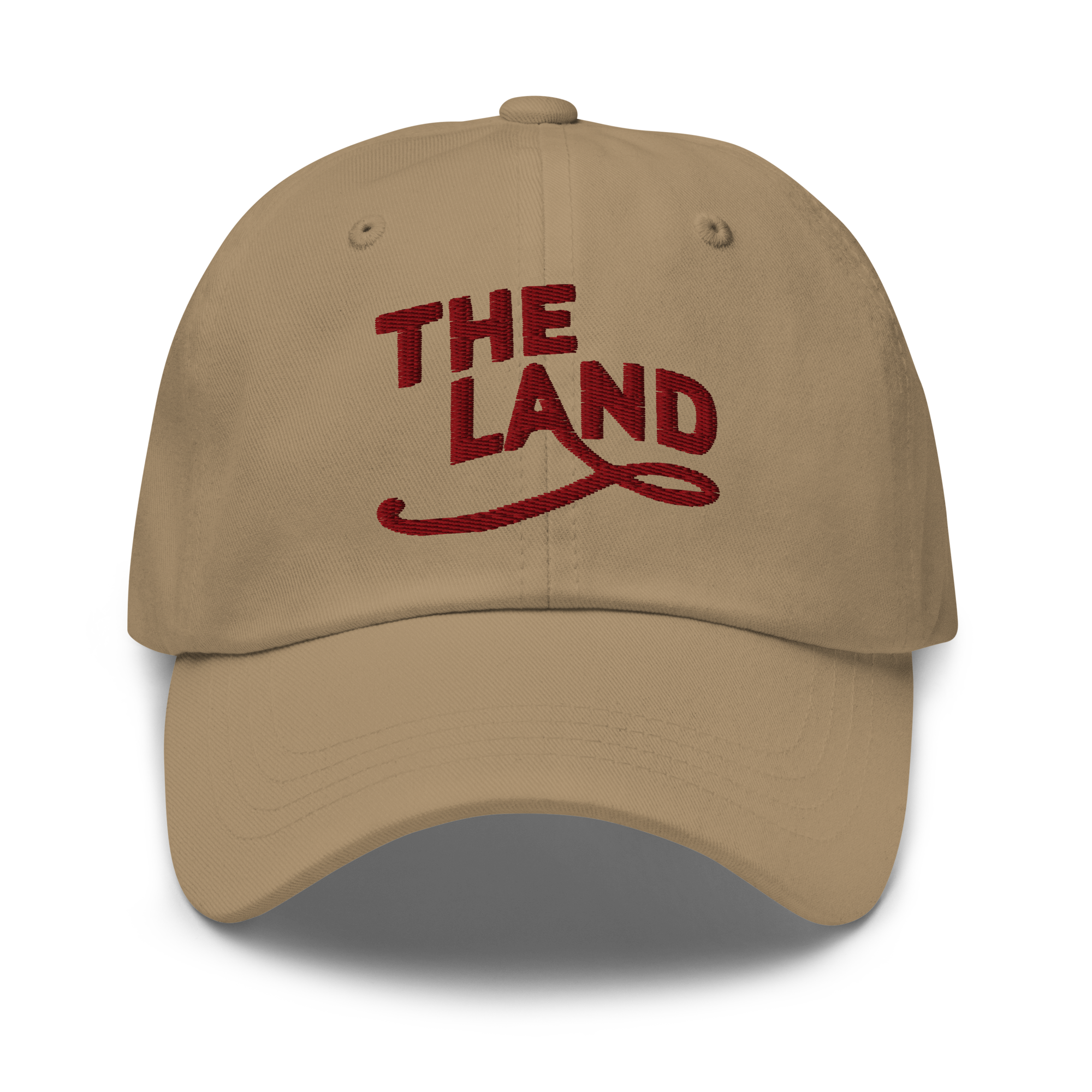 The Land Dad Cap in Khaki with maroon embroidered The Land lettering, front view