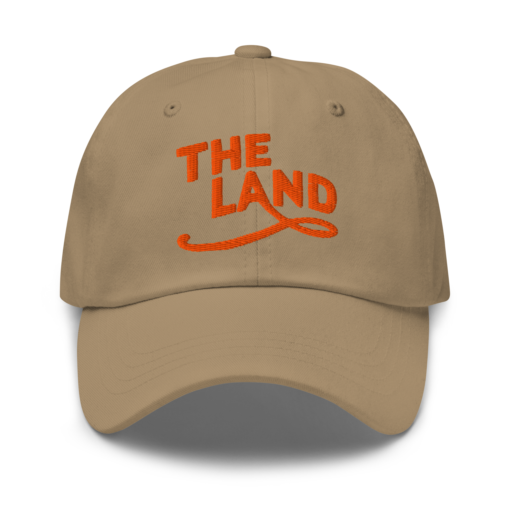 The Land Dad Cap in Khaki with orange embroidered The Land lettering, front view