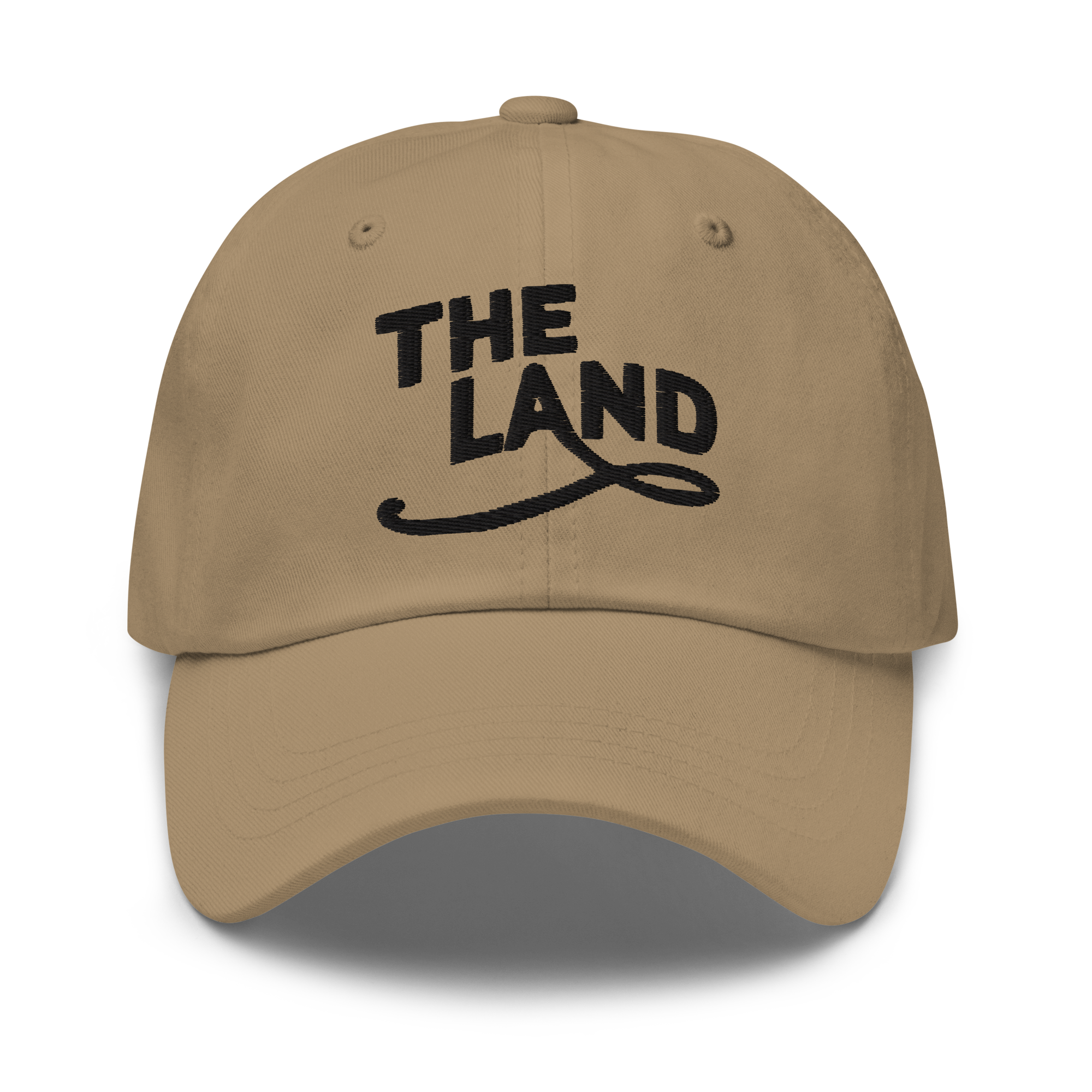 The Land Dad Cap in Khaki with black embroidered The Land lettering, front view