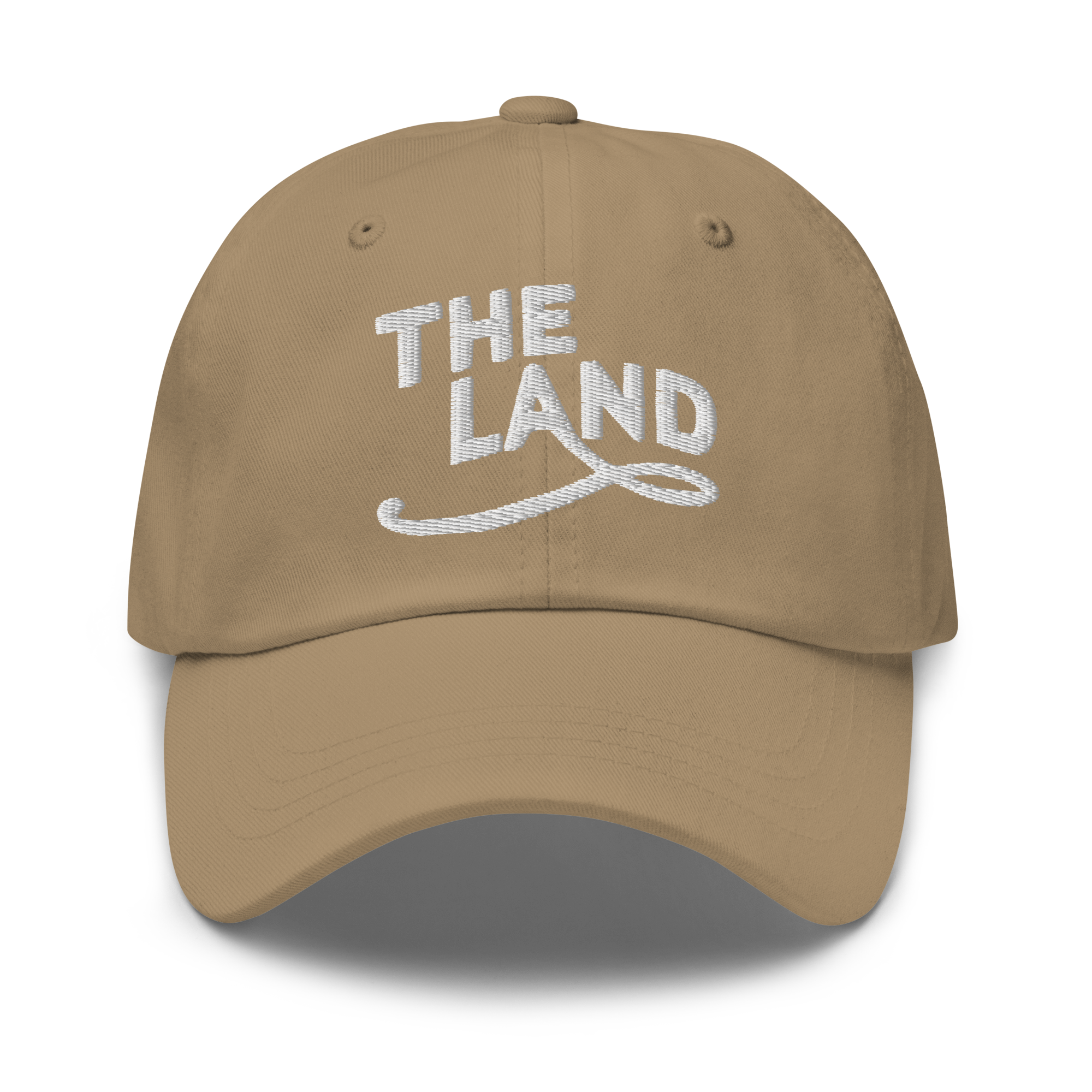 The Land Dad Cap in Khaki with white embroidered The Land lettering, front view