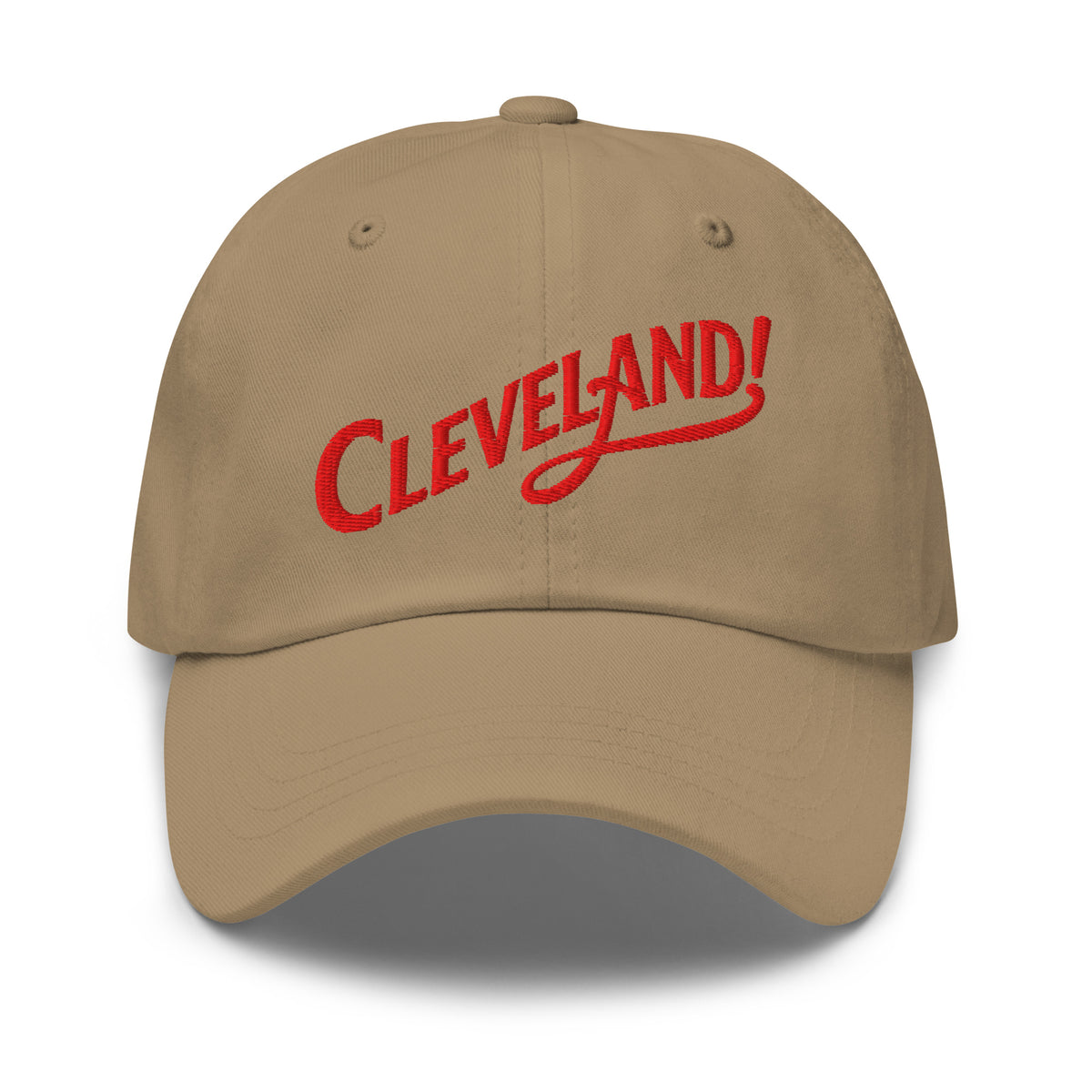 Cleveland! Dad Cap in Khaki with red embroidered Cleveland! lettering, front view