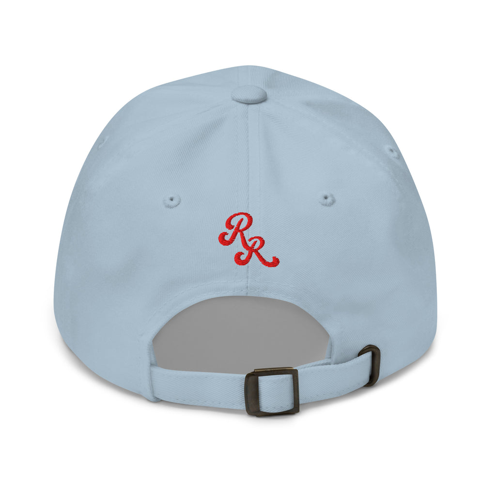 Light blue baseball cap with red logo on a white background