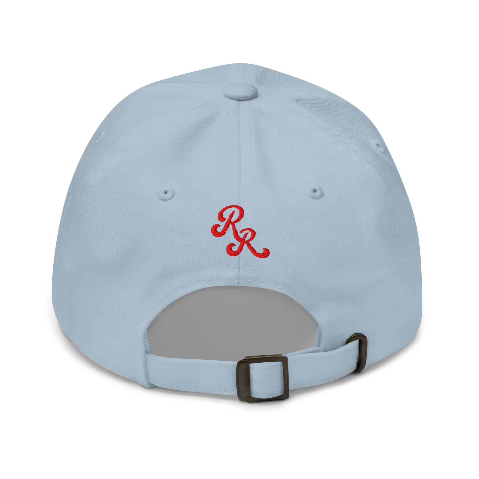 Light blue baseball cap with red logo on a white background