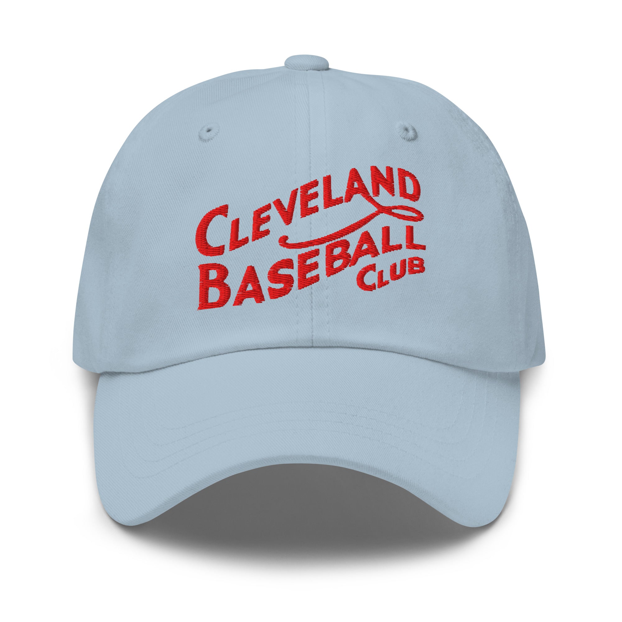 Light blue cap with red 'Cleveland Baseball Club' text on a white background