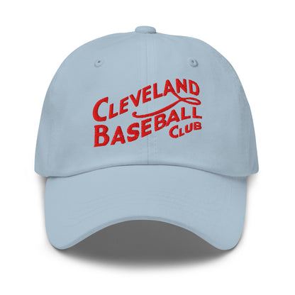 Light blue cap with red 'Cleveland Baseball Club' text on a white background
