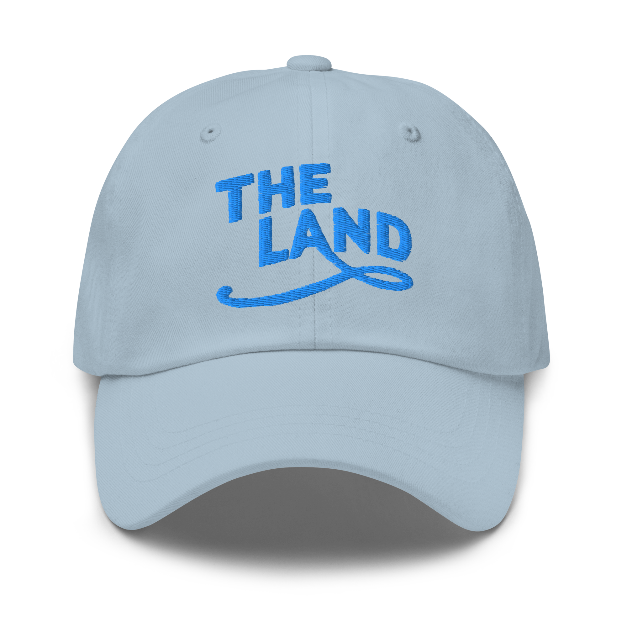 The Land Dad Cap in Light Blue with teal embroidered The Land lettering, front view