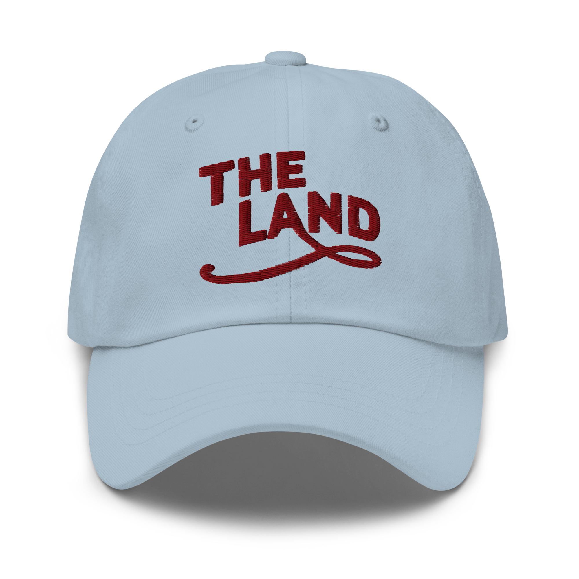 The Land Dad Cap in Light Blue with maroon embroidered The Land lettering, front view