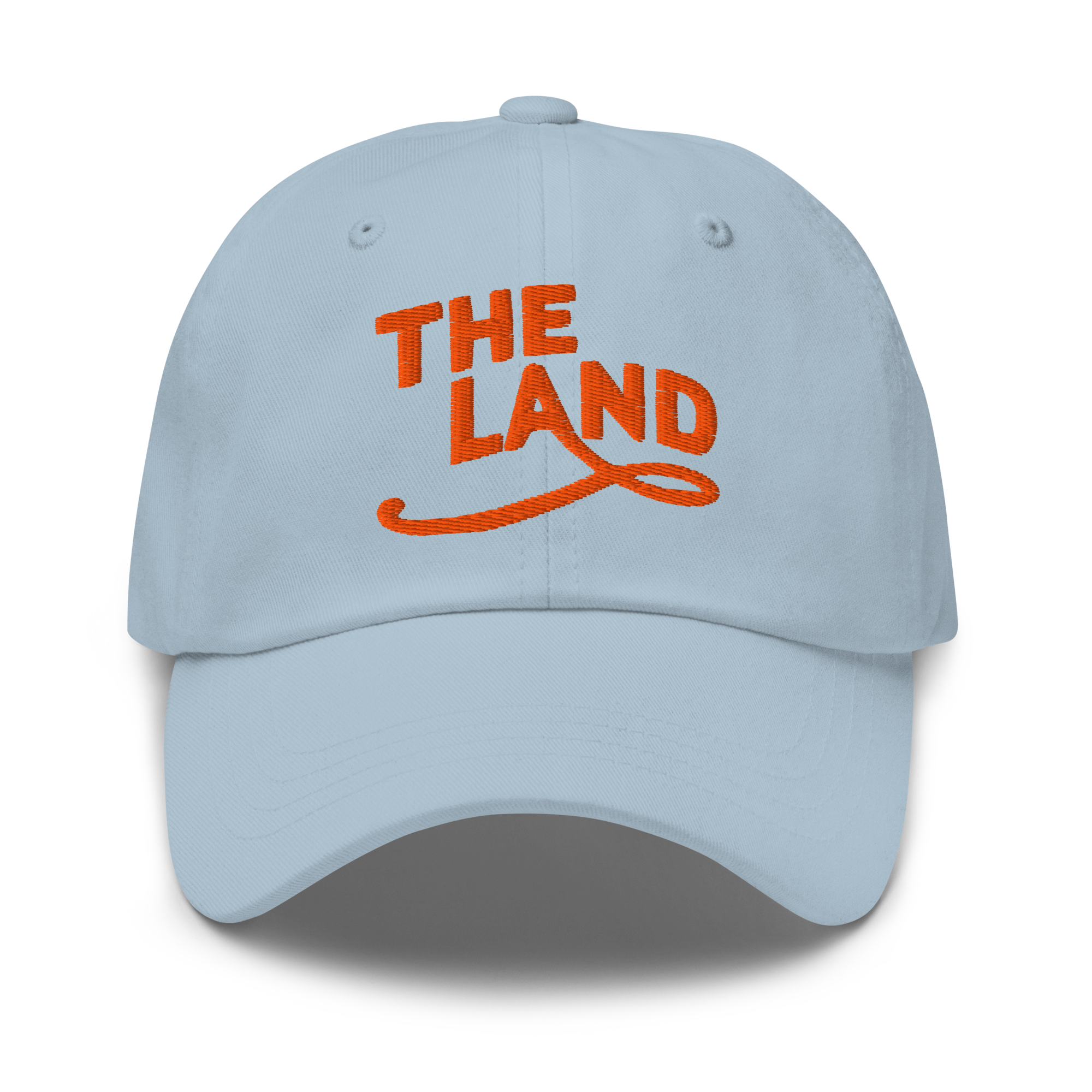 The Land Dad Cap in Light Blue with orange embroidered The Land lettering, front view