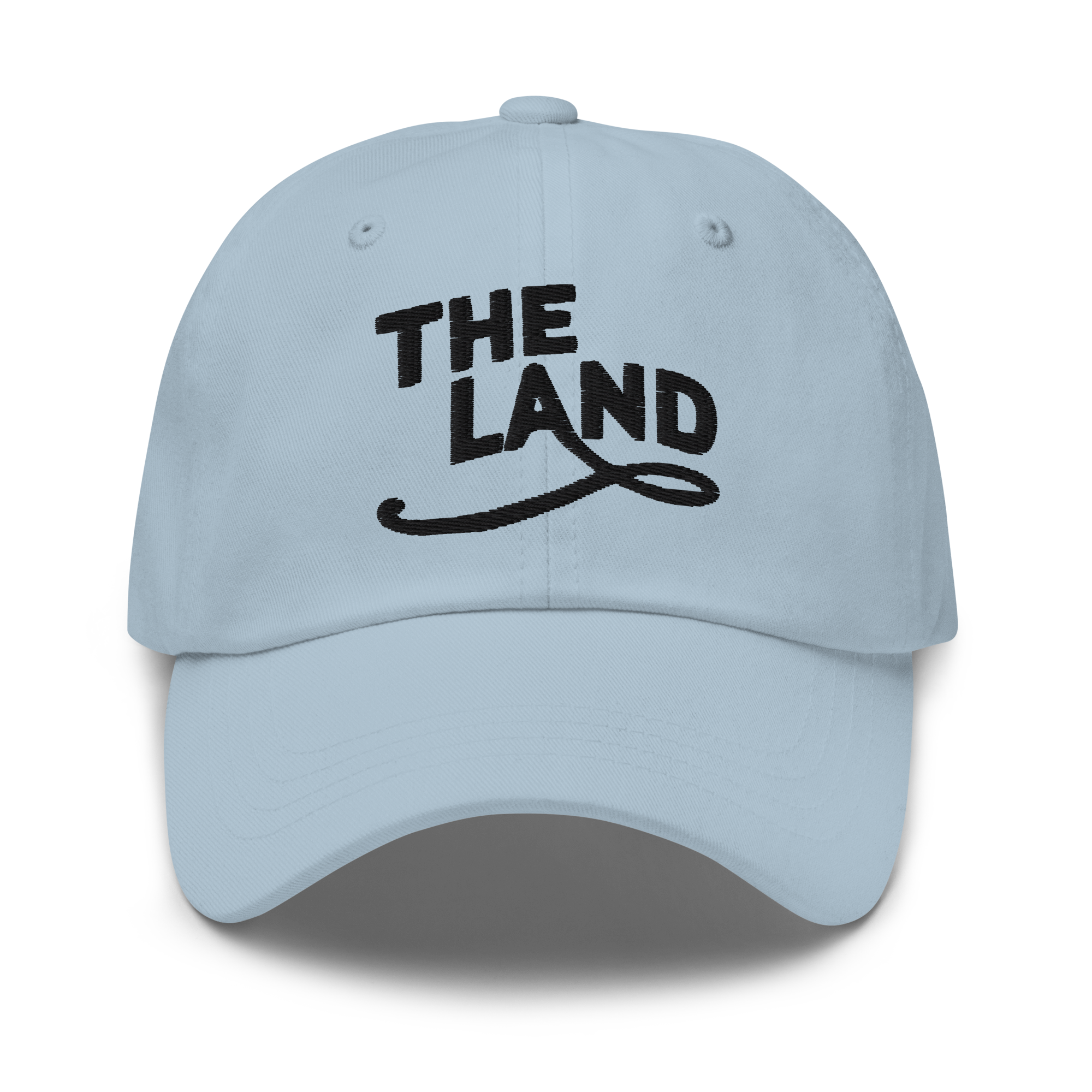 The Land Dad Cap in Light Blue with black embroidered The Land lettering, front view