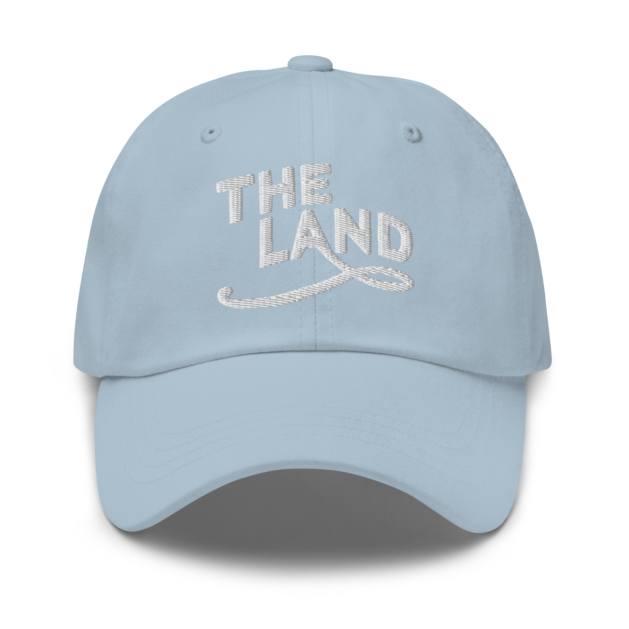 The Land Dad Cap in Light Blue with white embroidered The Land lettering, front view