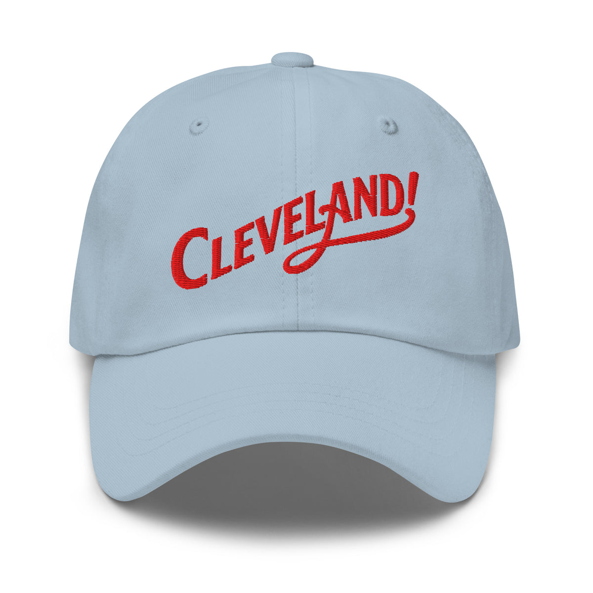Cleveland! Dad Cap in Light Blue with red embroidered Cleveland! lettering, front view