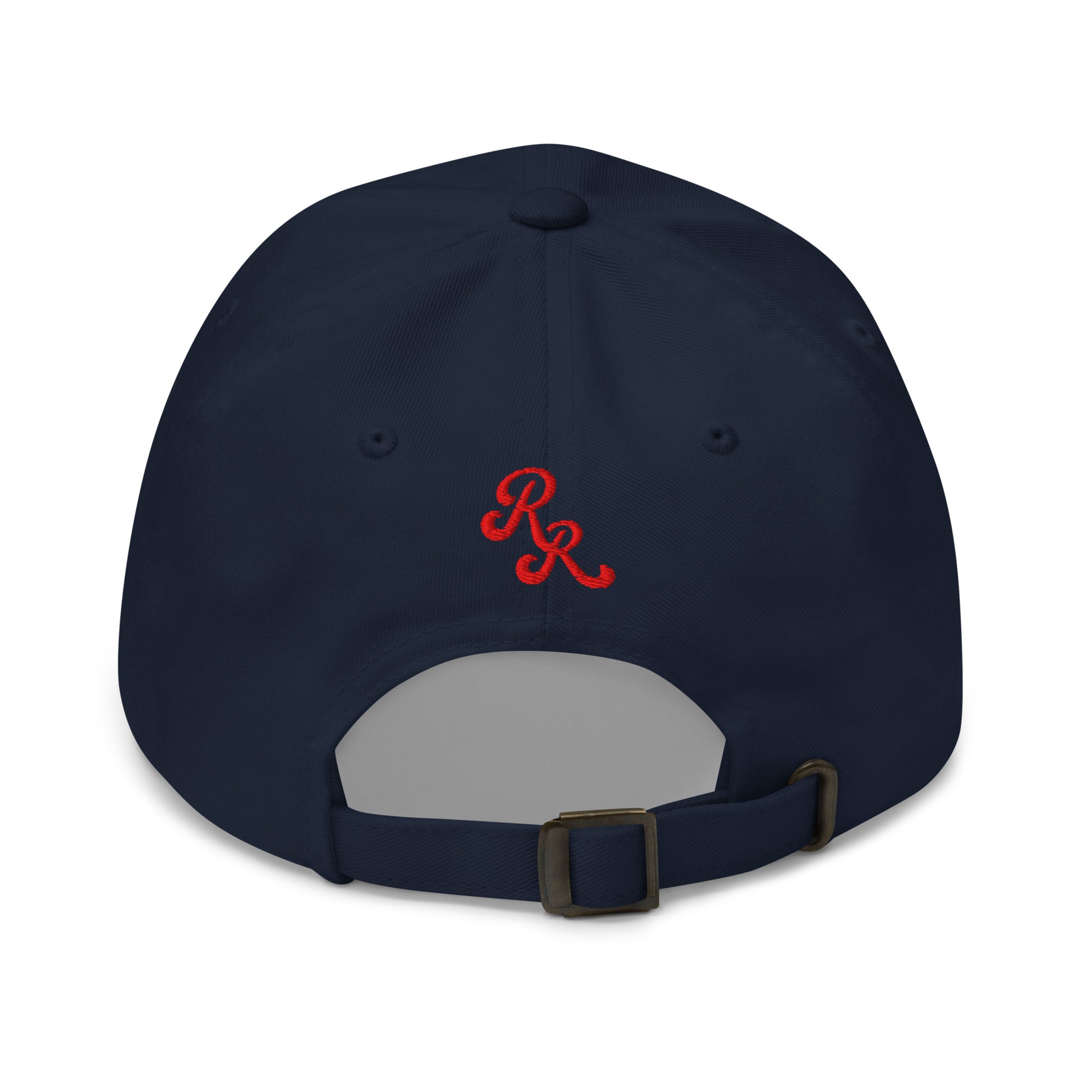 Navy blue cap with red logo on the back against a white background
