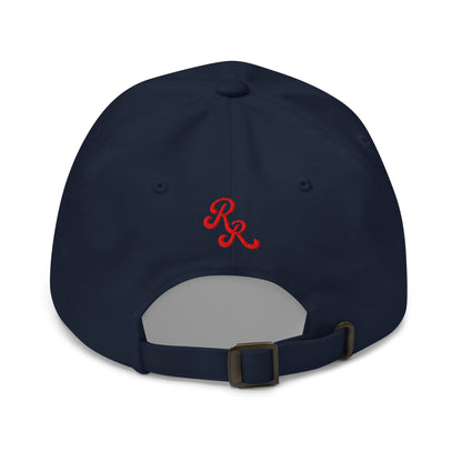 Navy blue cap with red logo on the back against a white background