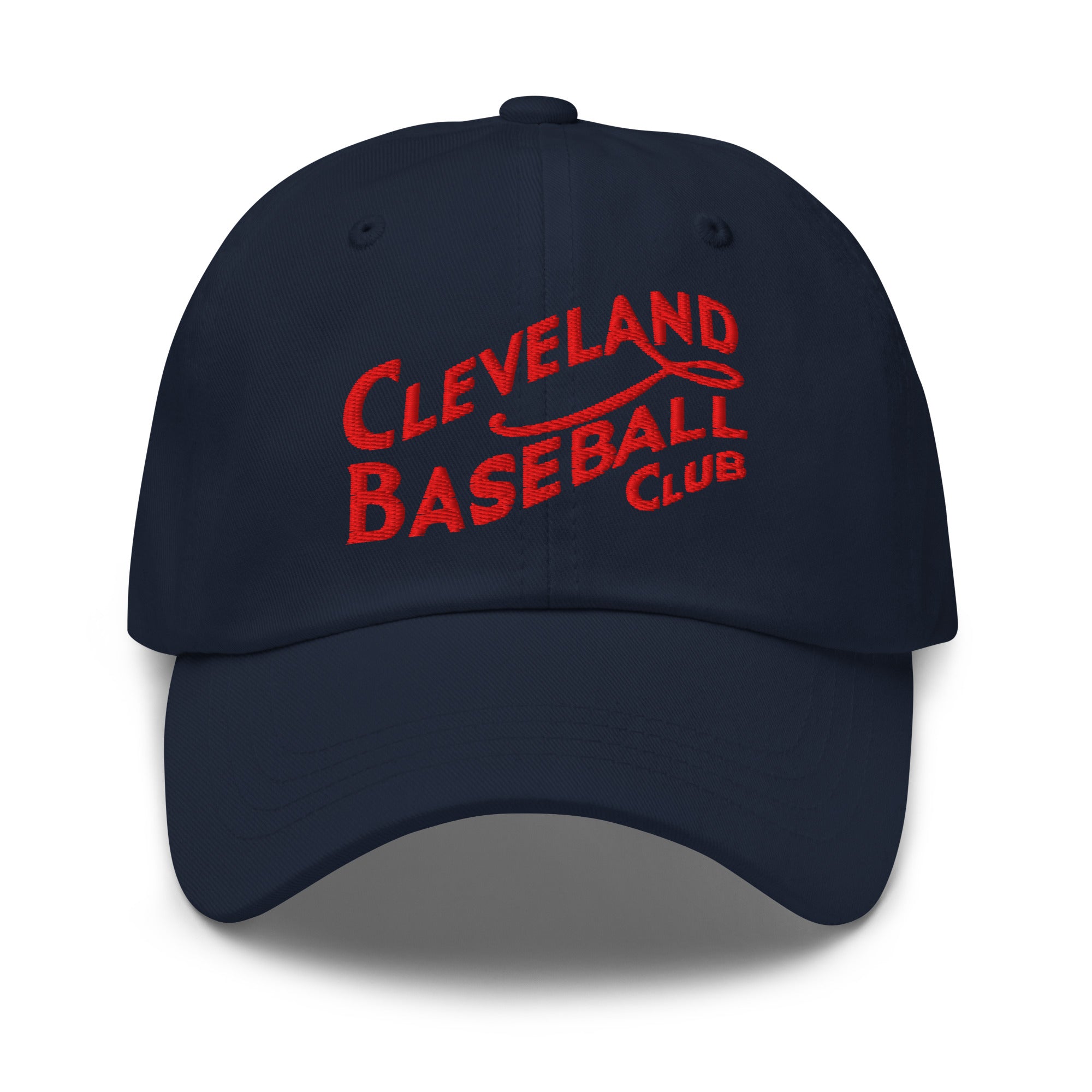 Navy blue cap with red 'Cleveland Baseball Club' text on a white background
