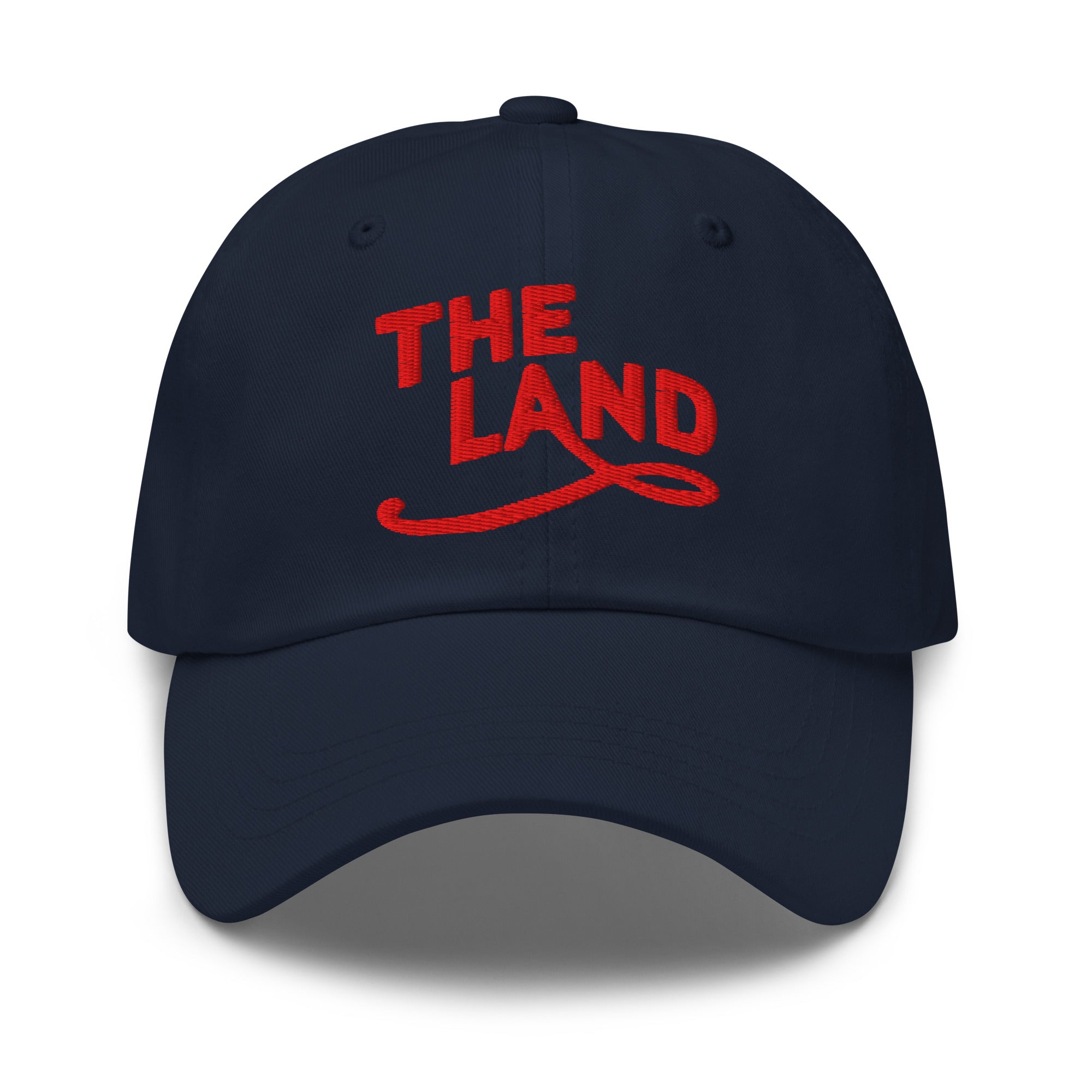 The Land Dad Cap in Navy with red embroidered The Land lettering, front view